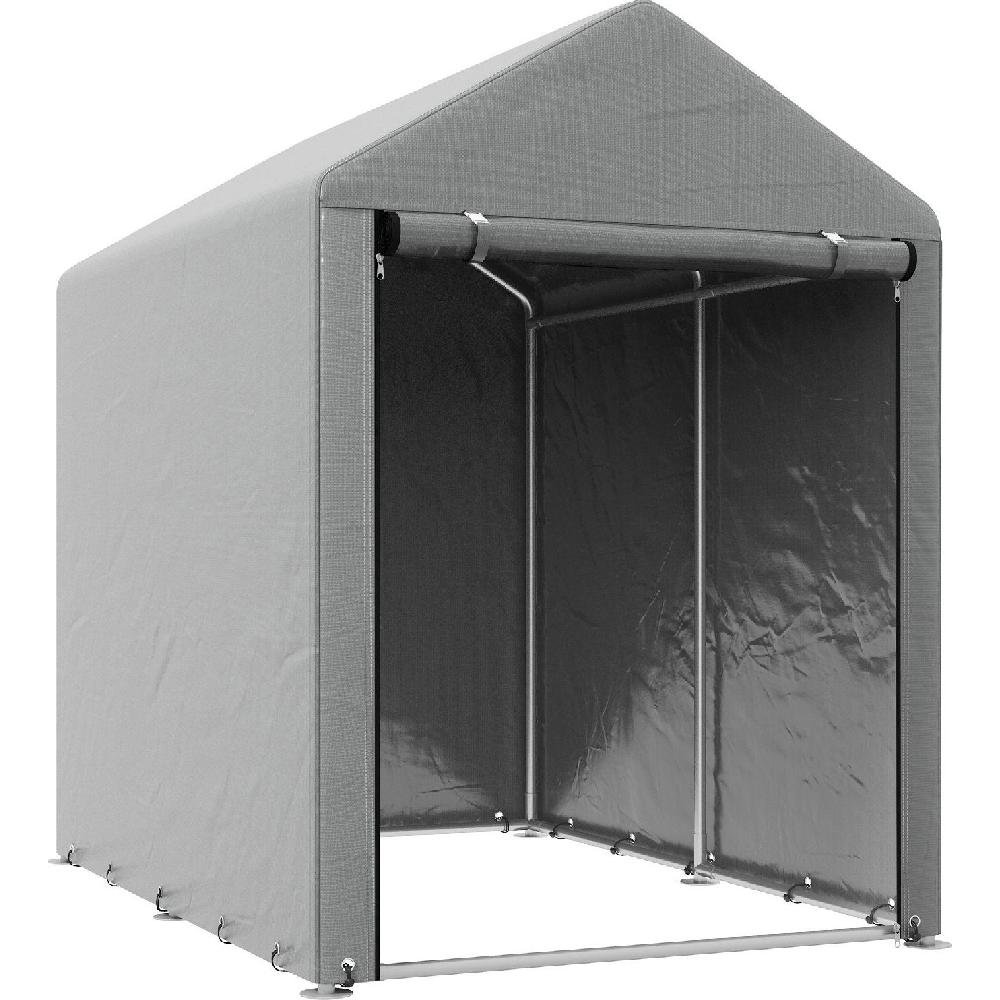 Una tenda grigia con telaio in metallo e ingresso aperto.