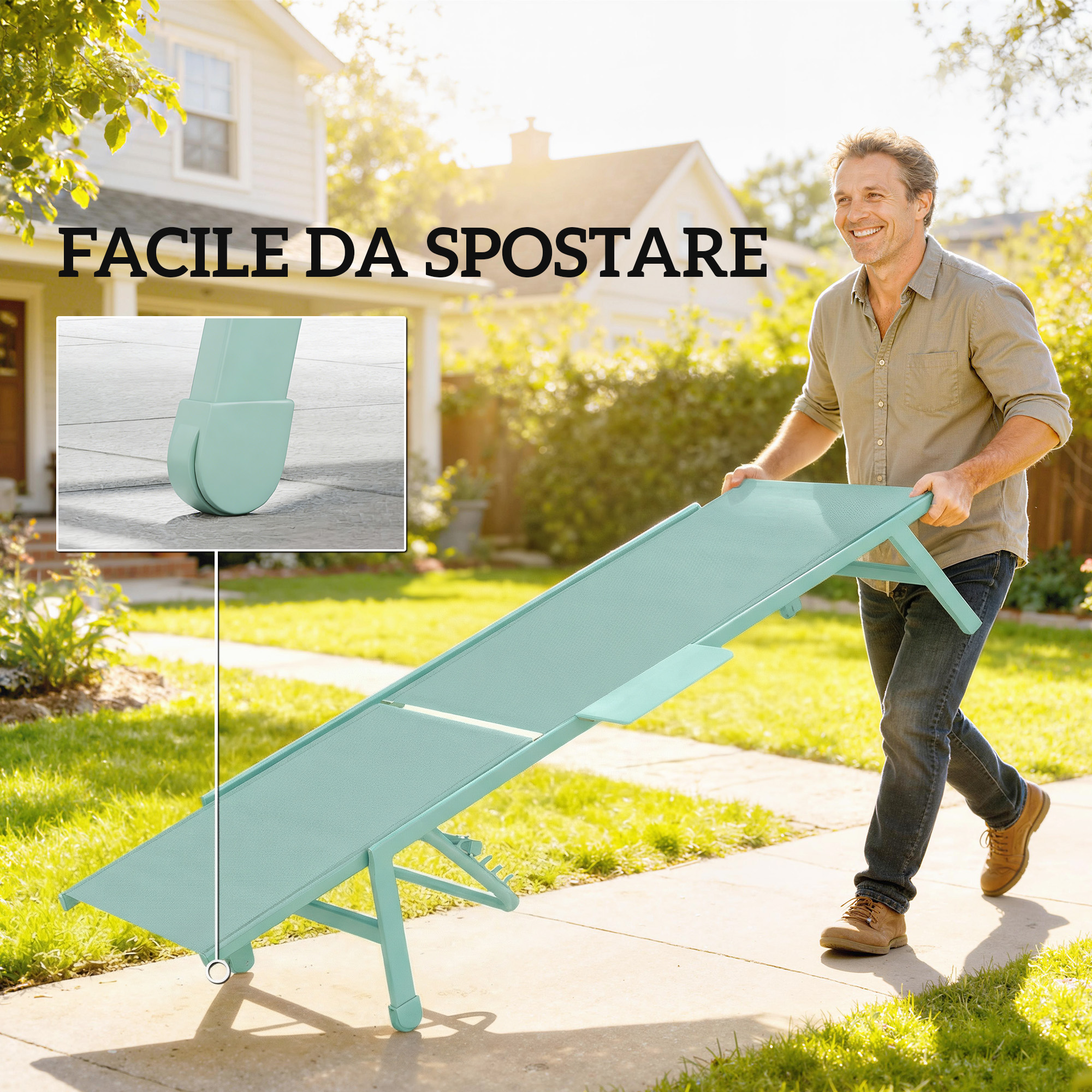 Uomo spinge lettino prendisole verde chiaro con ruote su vialetto.