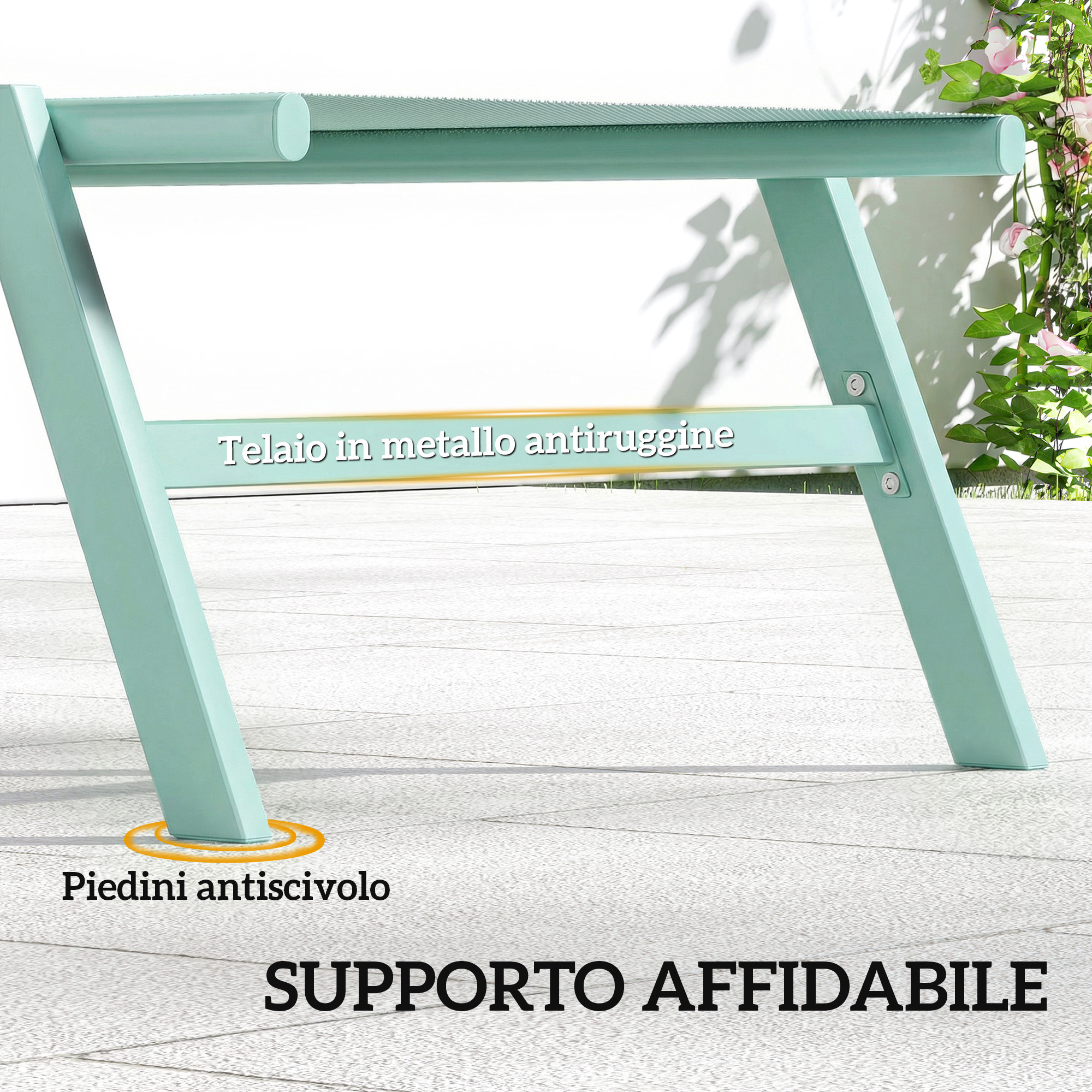 Telaio in metallo verde menta con piedini antiscivolo e ombre.