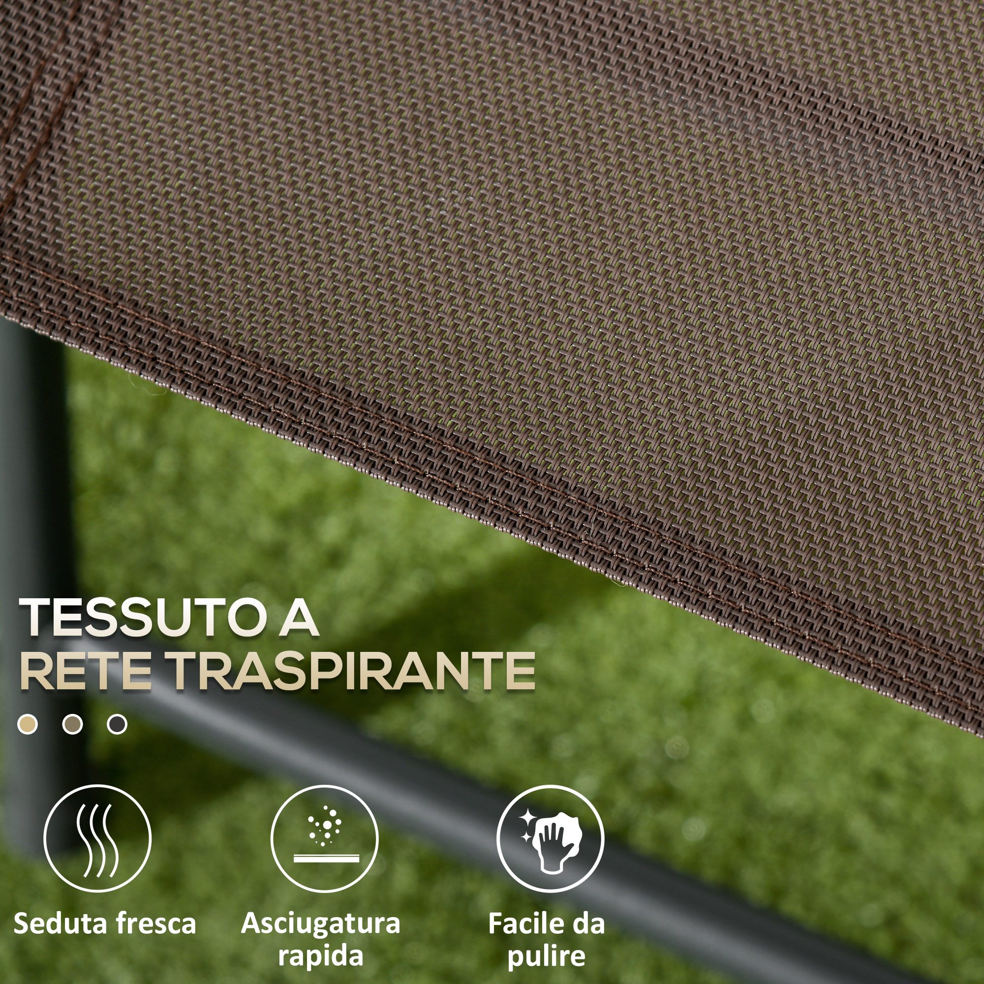 Tessuto a rete marrone con icone per freschezza, asciugatura e facile pulizia.