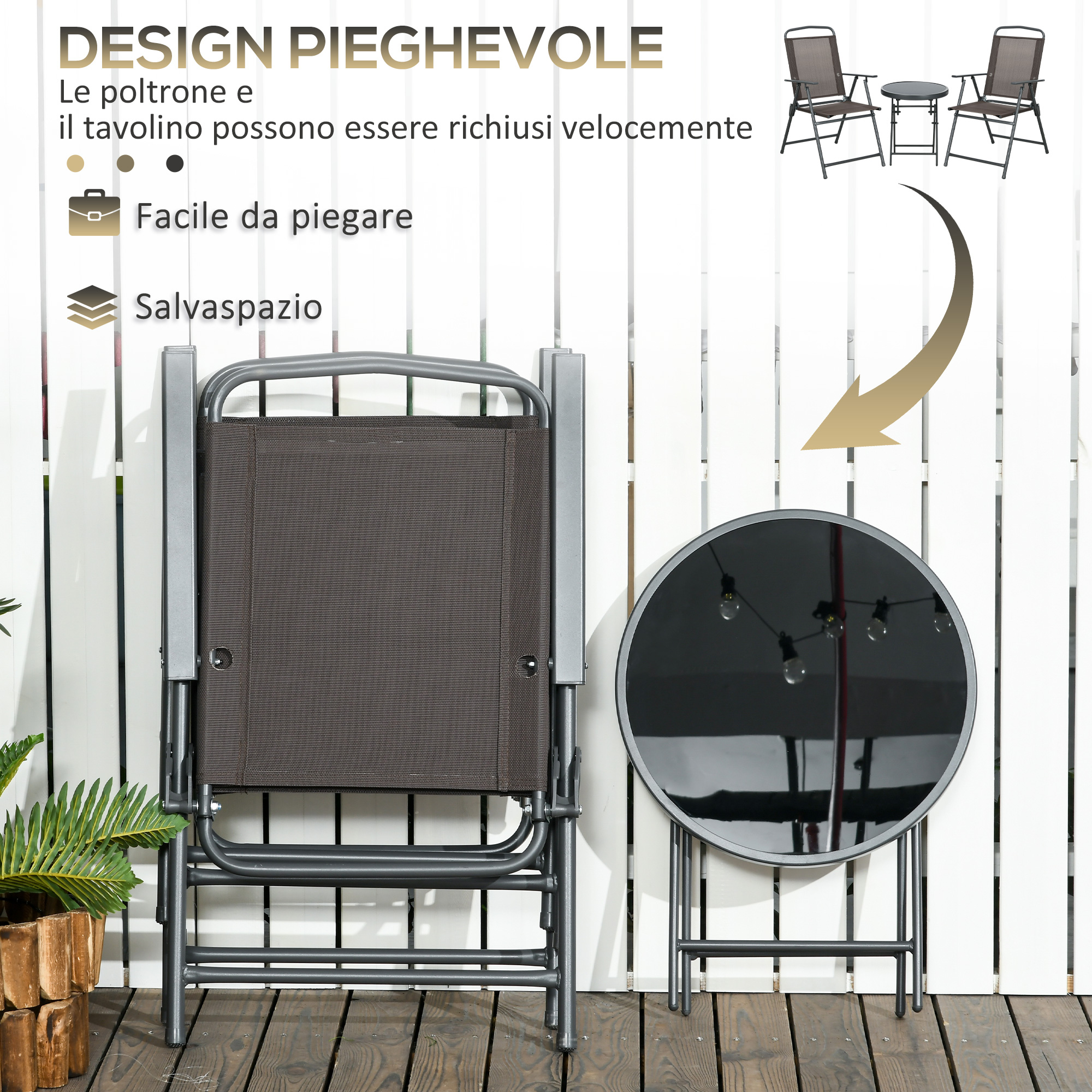 Una sedia pieghevole grigia accanto a un tavolo rotondo su una terrazza di legno.