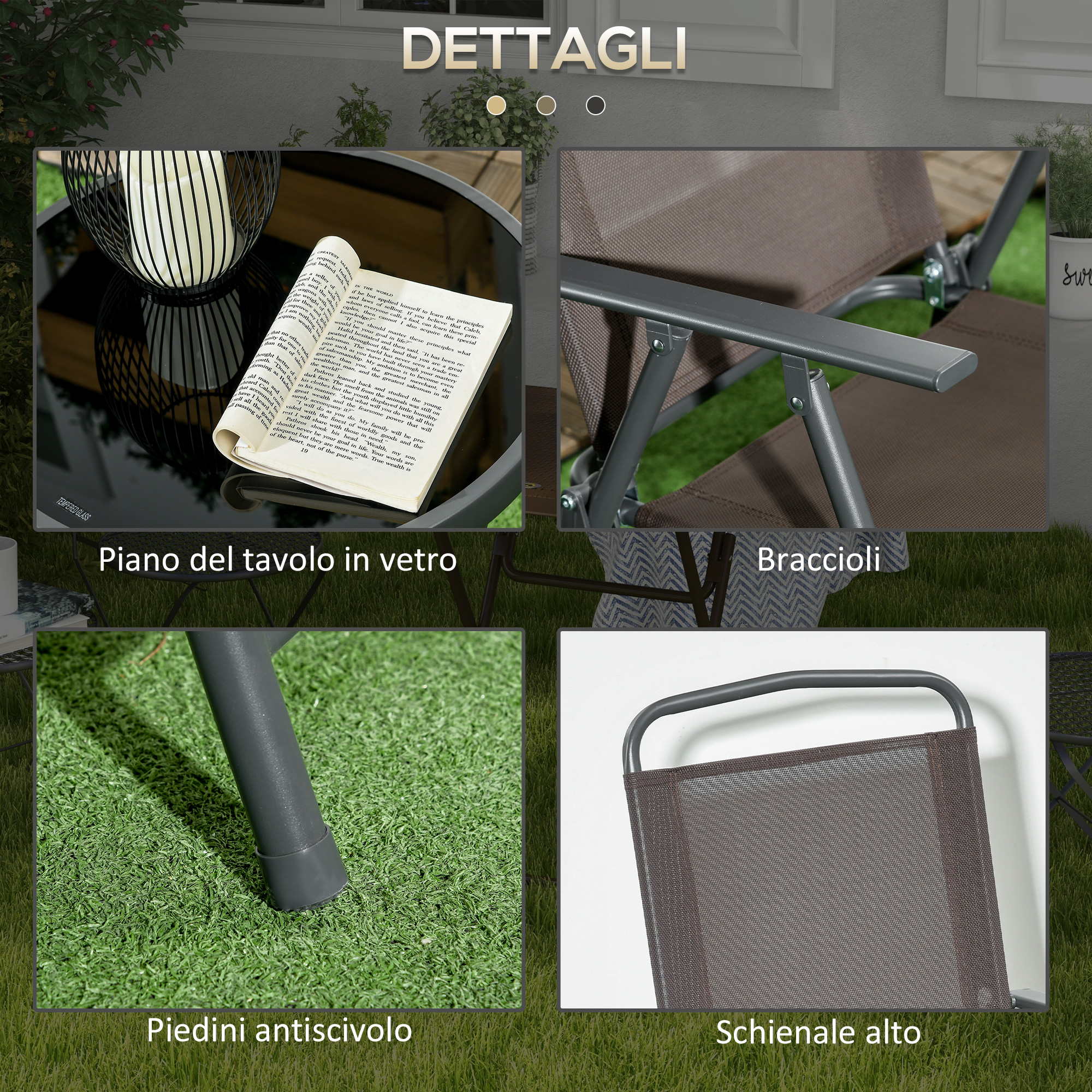 Primo piano di un tavolo da giardino con libro, bracciolo, piede e schienale sedia.