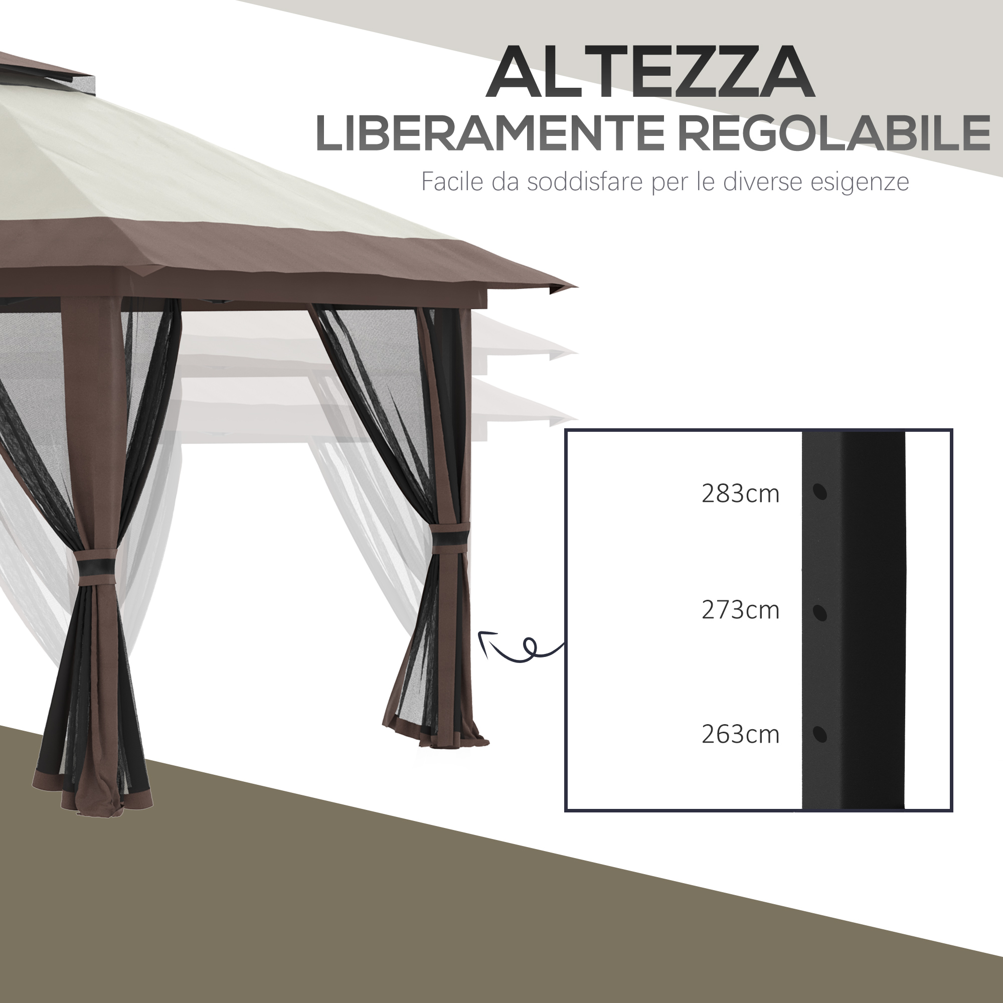Un gazebo marrone e beige con zanzariere. Indicazioni di altezza: 283cm, 273cm, 263cm.
