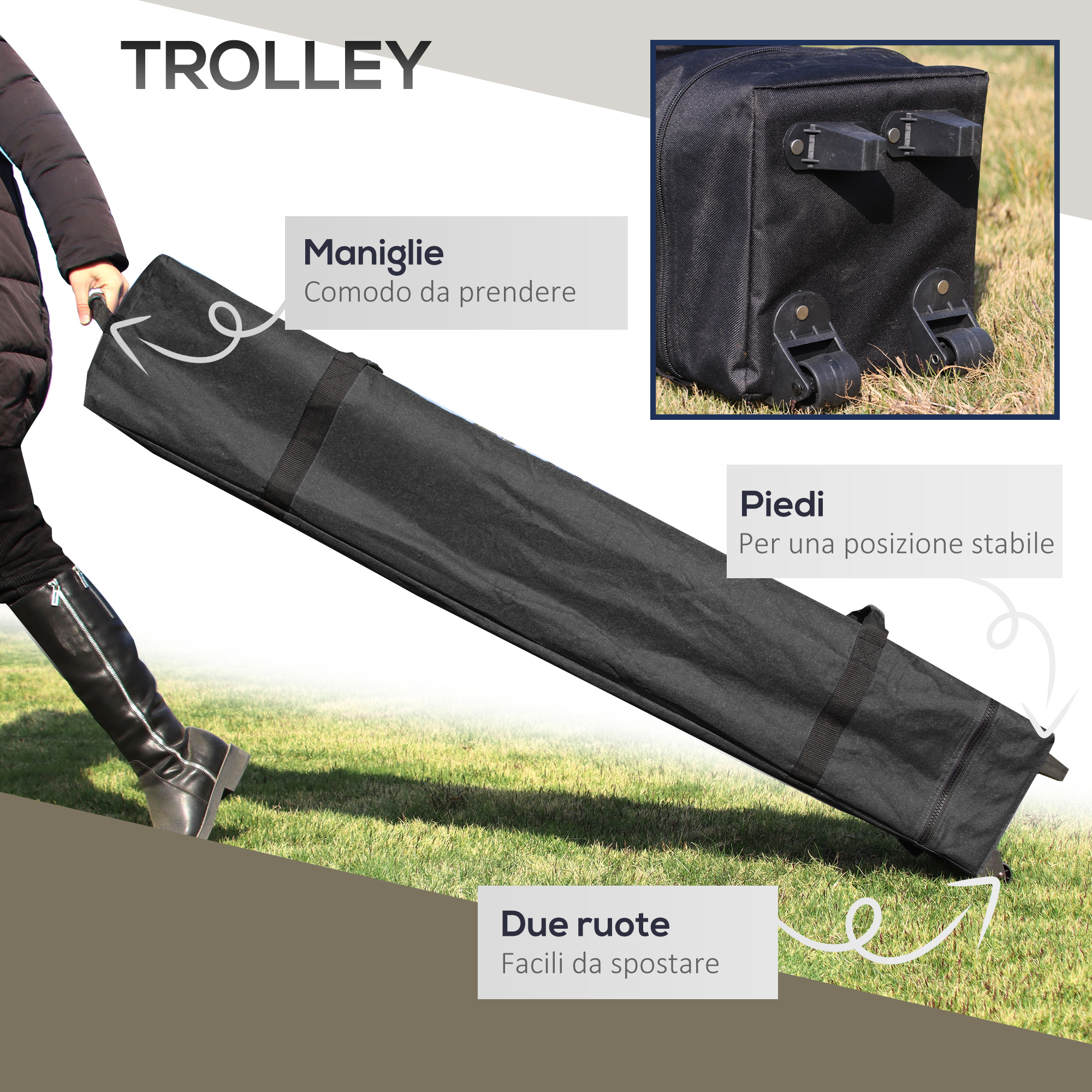 Borsa trolley nera con manici, due ruote e piedini sull'erba.