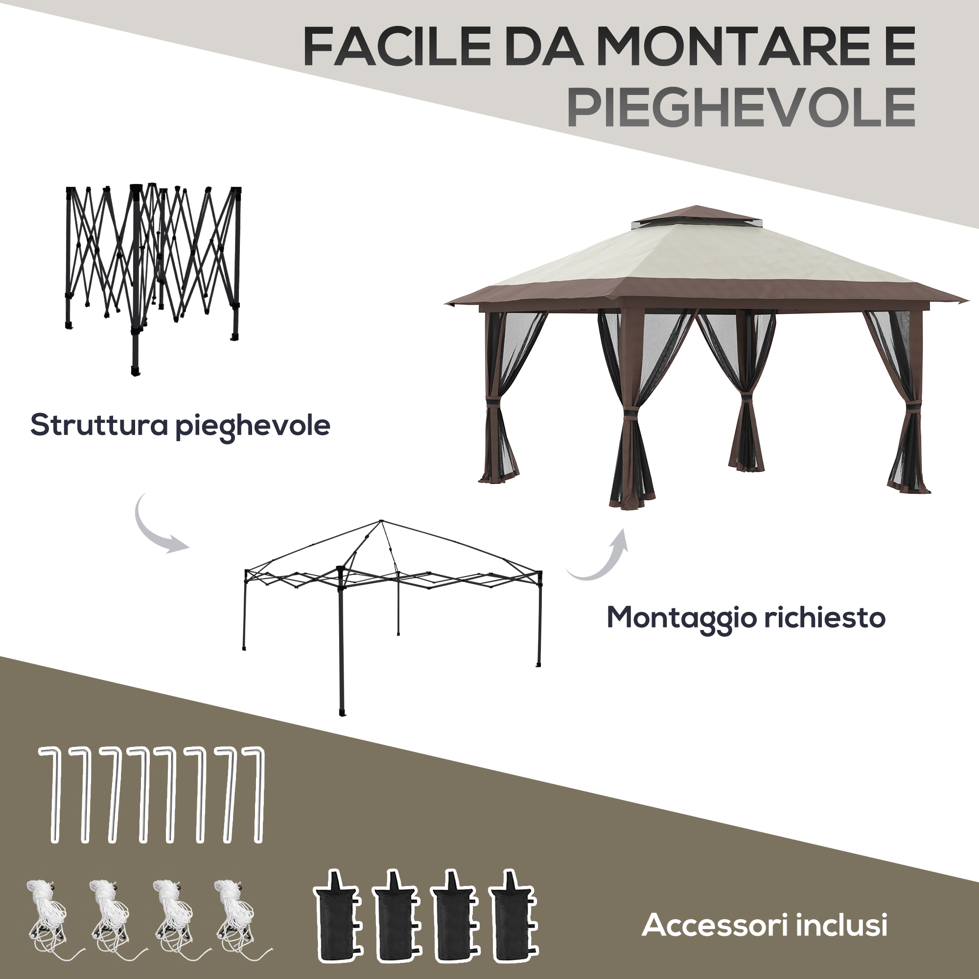 Guida al montaggio tenda: struttura, tetto e accessori come picchetti e pesi.