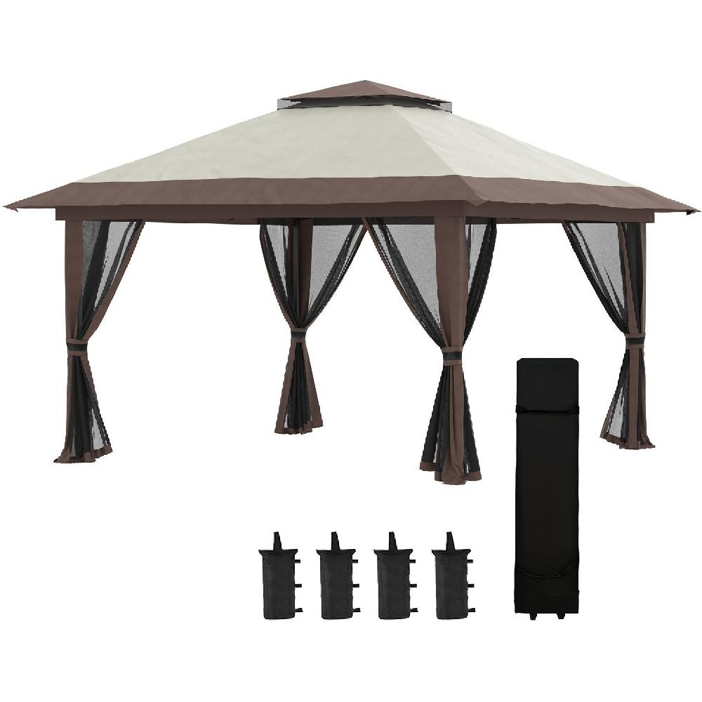 Gazebo beige e marrone con tende a rete e accessori.