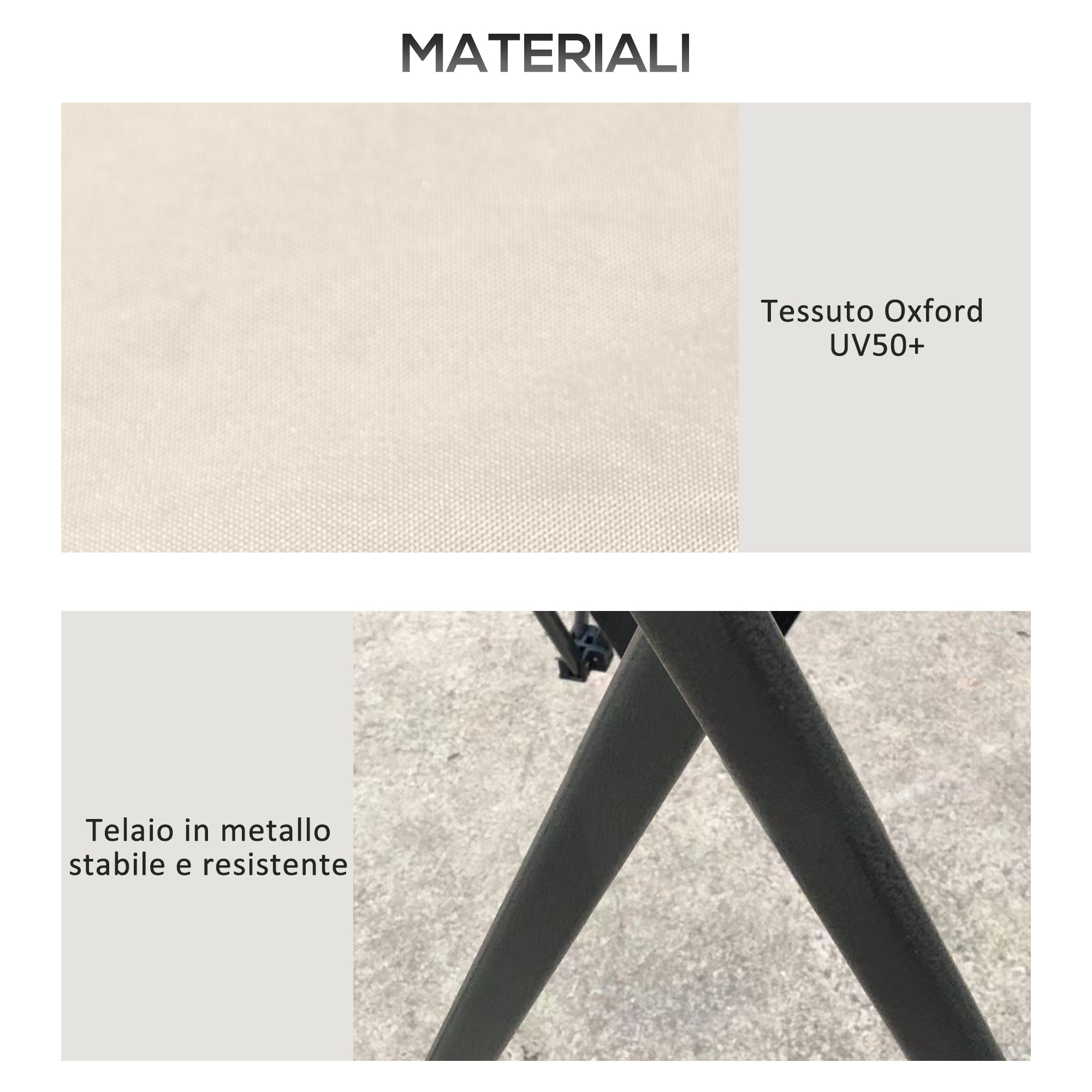 Tessuto Oxford beige UV50+ e telaio in metallo stabile e resistente.