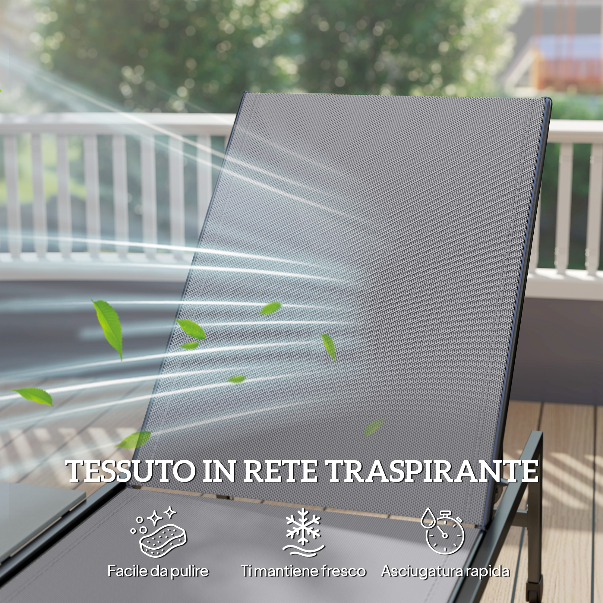 Sedia in rete grigia su un ponte di legno con foglie trasportate dal vento.
