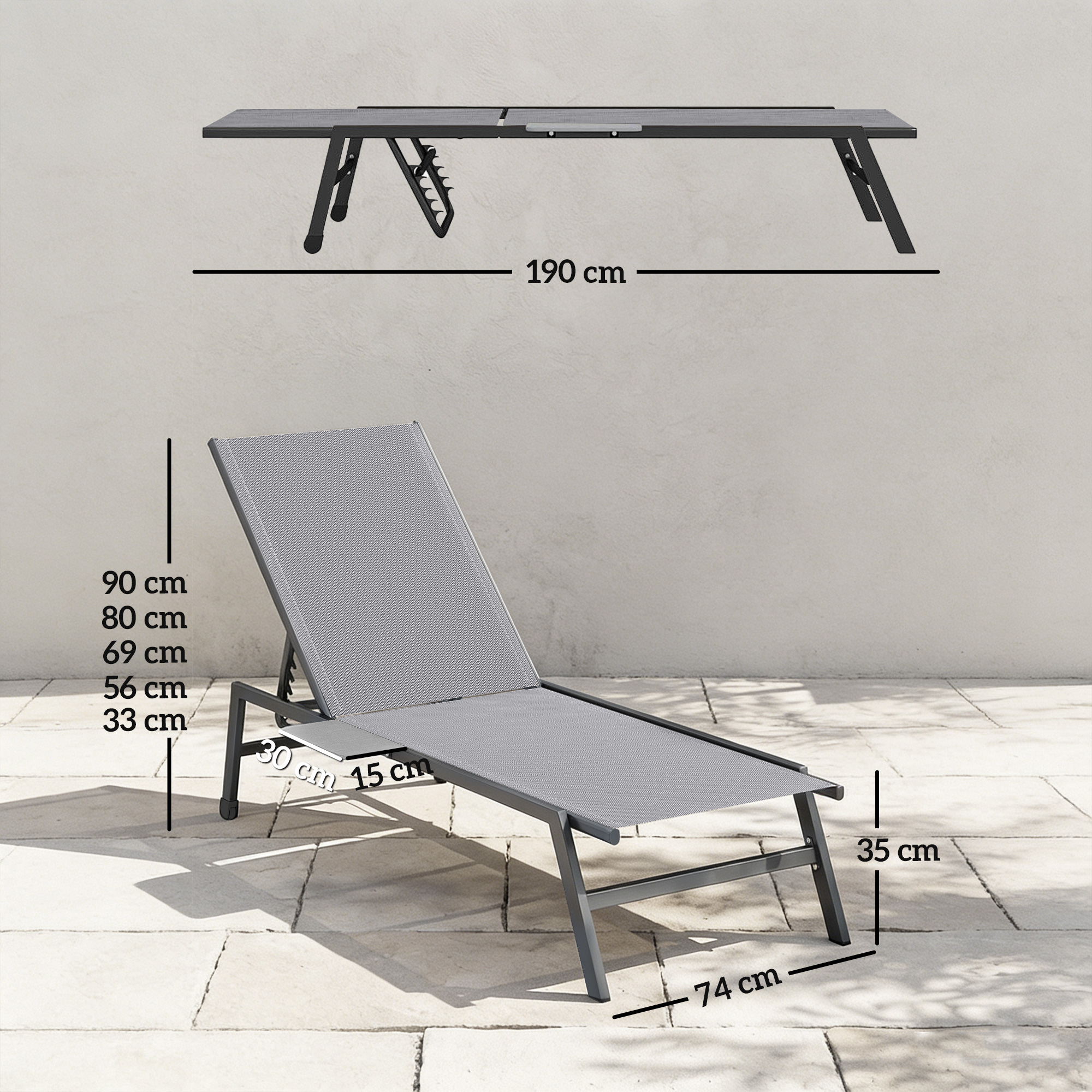 Sdraio grigio con dimensioni, su un patio in pietra.
