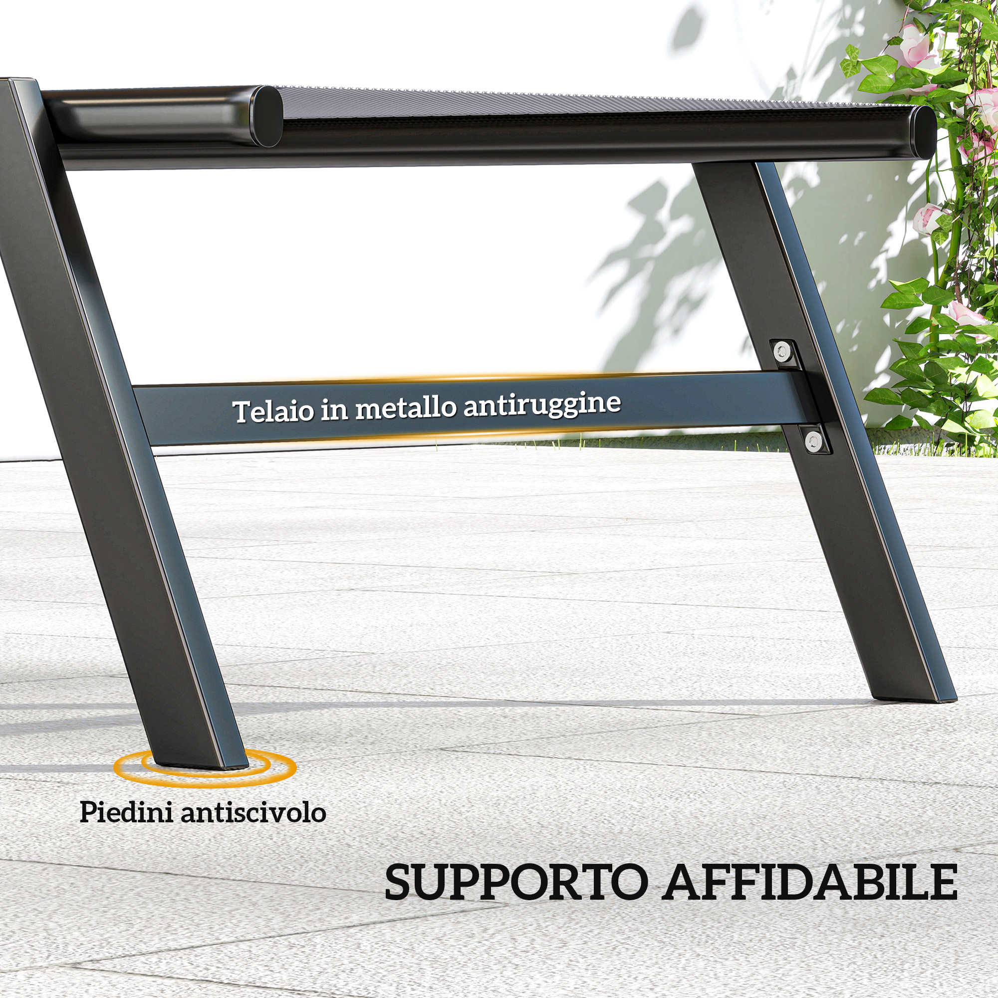Un telaio in metallo nero con piedini antiscivolo e telaio antiruggine.