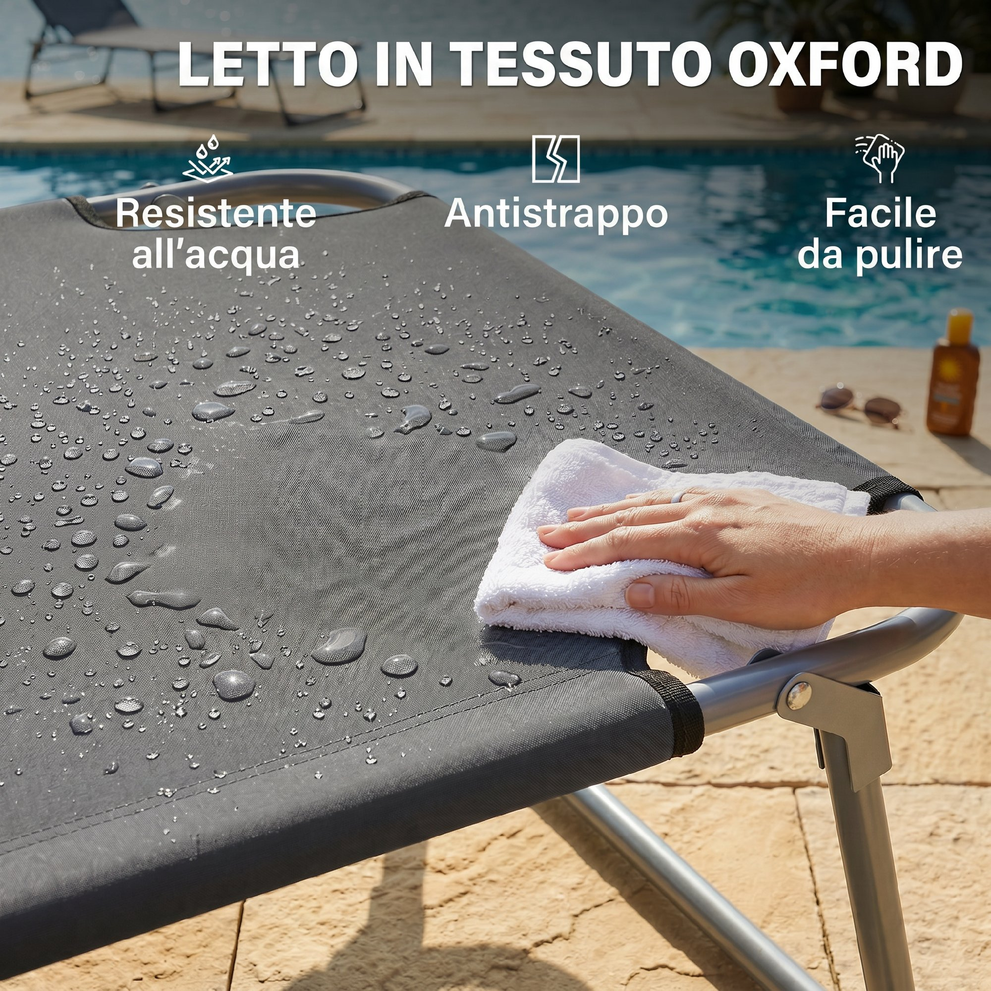 Lettino grigio con gocce d'acqua, mano pulisce con panno bianco.