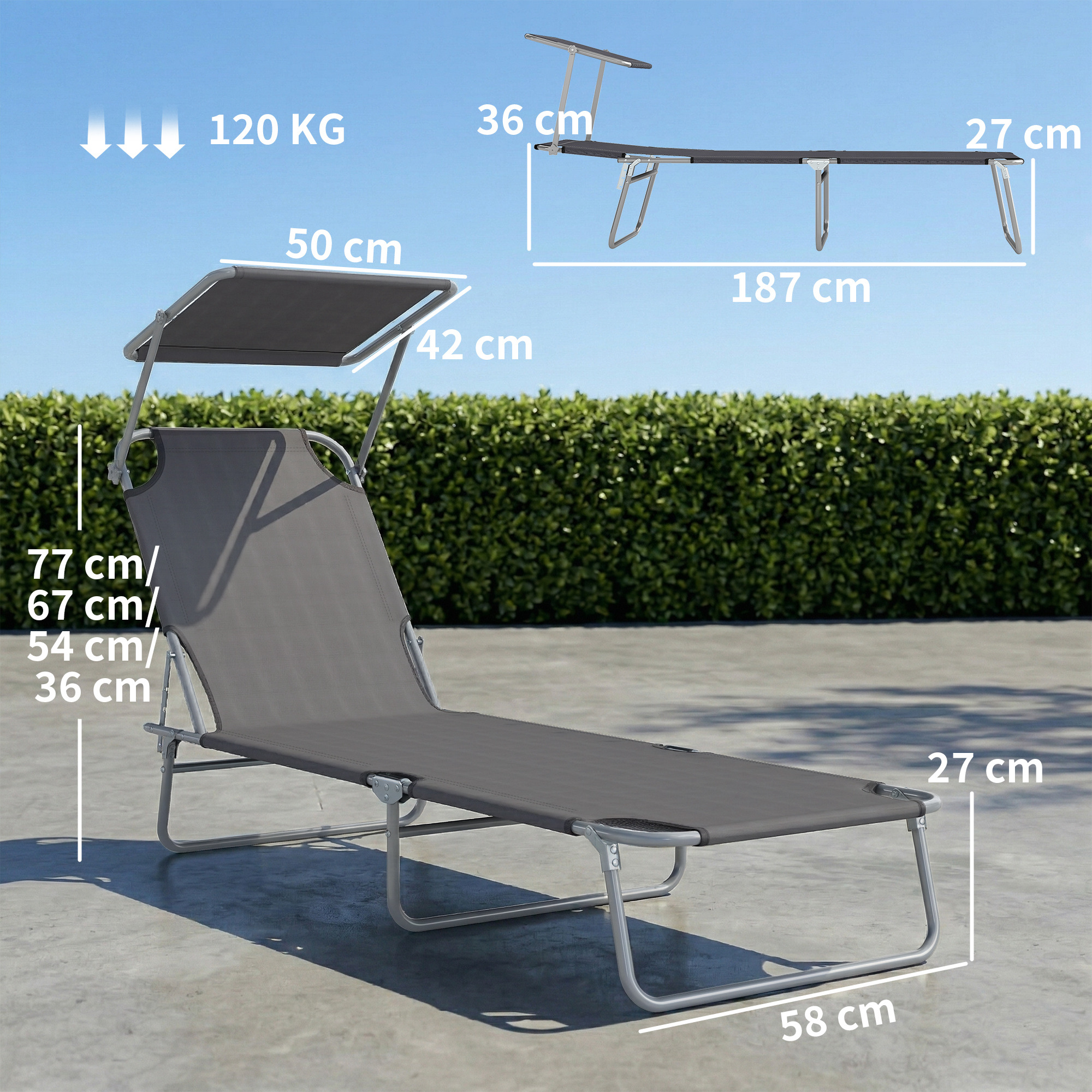 Sdraio grigio con tettuccio, dimensioni: 187x58x27cm, portata 120kg.
