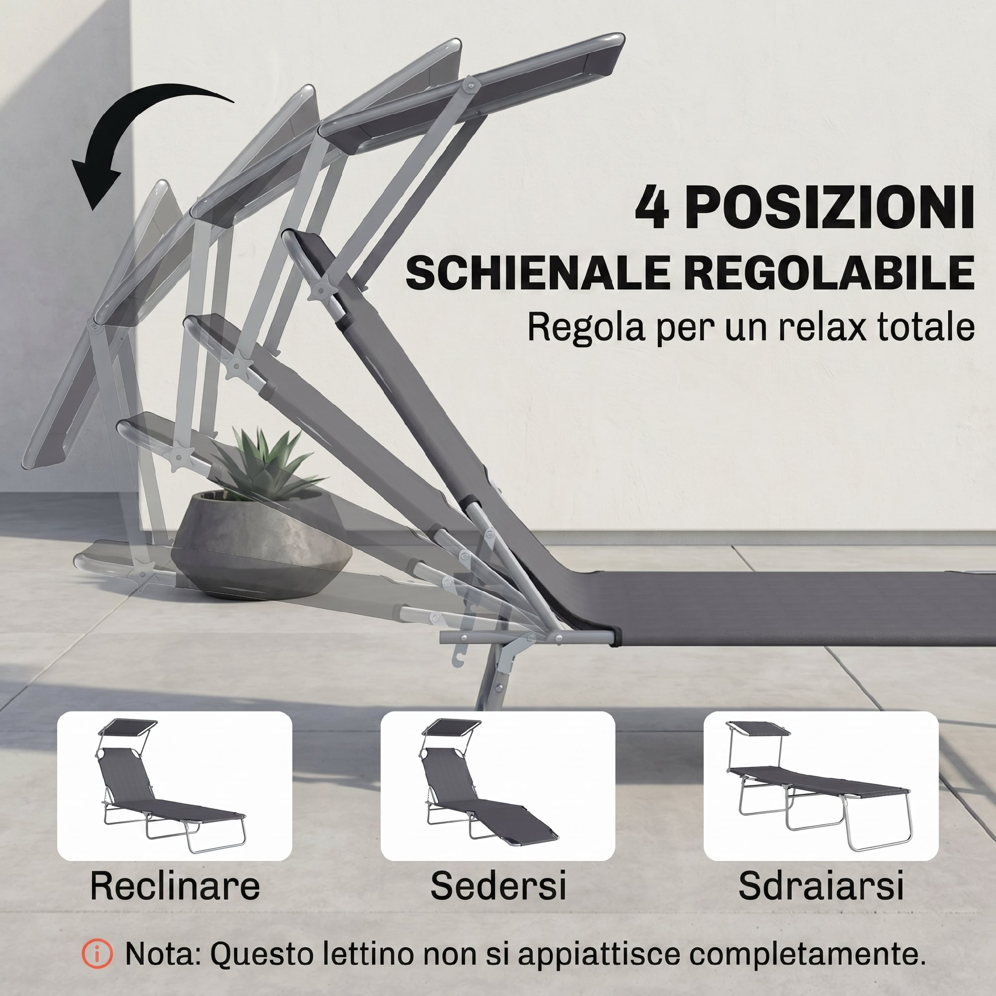 Lettino grigio regolabile con 4 posizioni. Mostra diverse angolazioni.