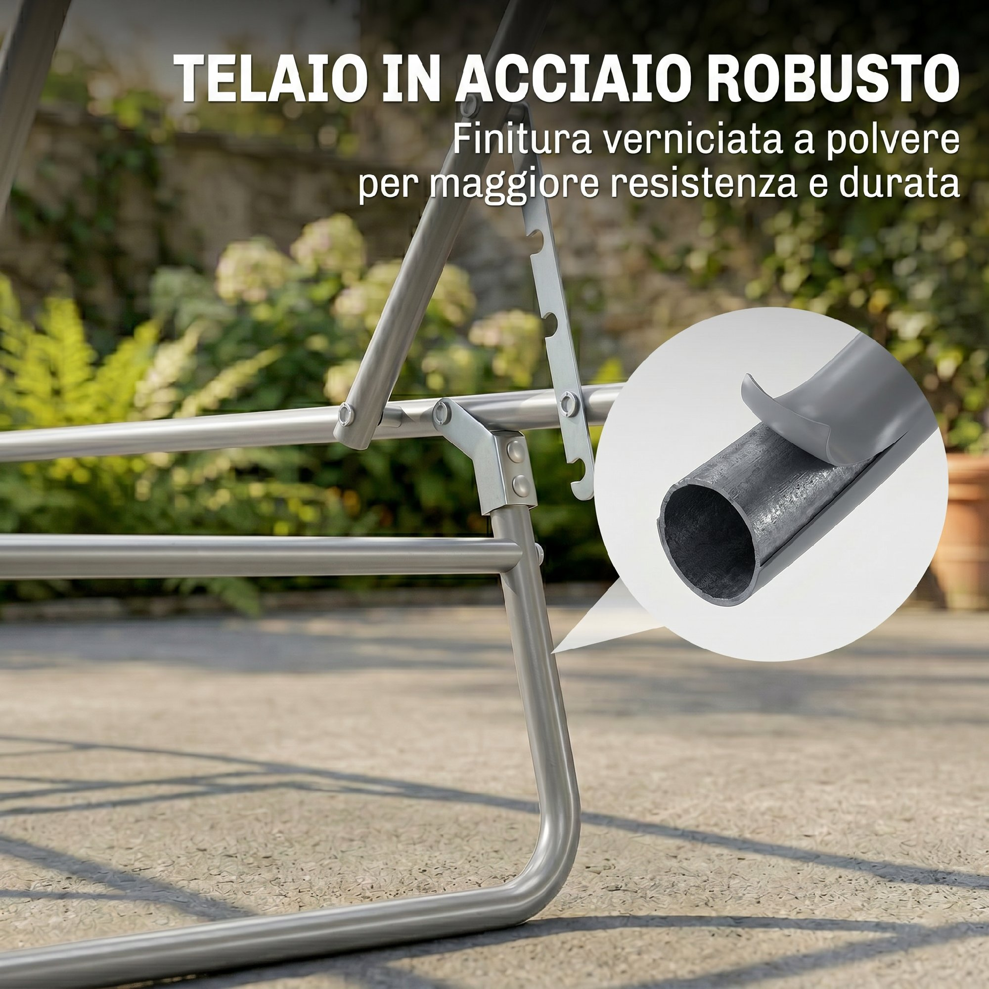 Telaio in acciaio verniciato a polvere in dettaglio, all'aperto.
