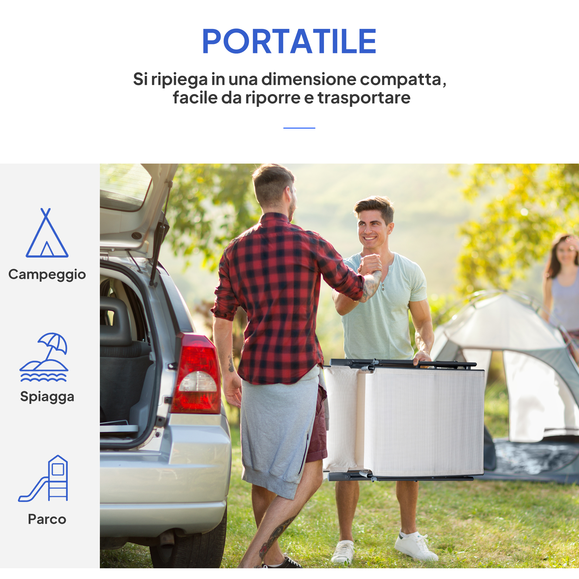 Uomini caricano attrezzatura da campeggio in un'auto, con una tenda sullo sfondo.