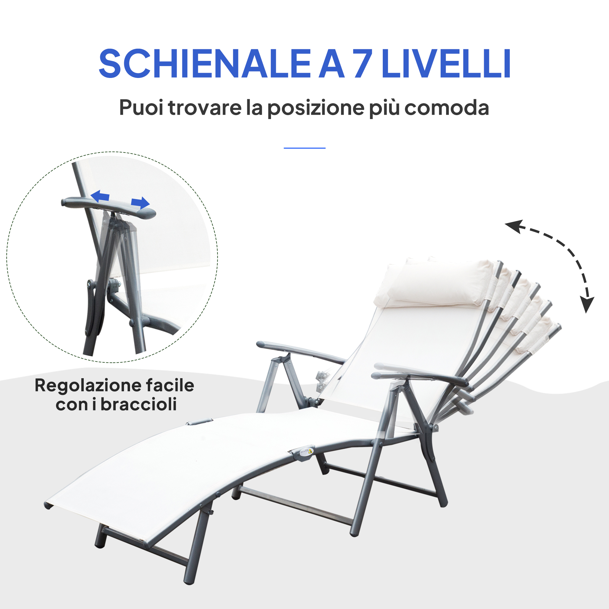 Una sedia sdraio bianca con telaio grigio, regolabile in 7 posizioni.
