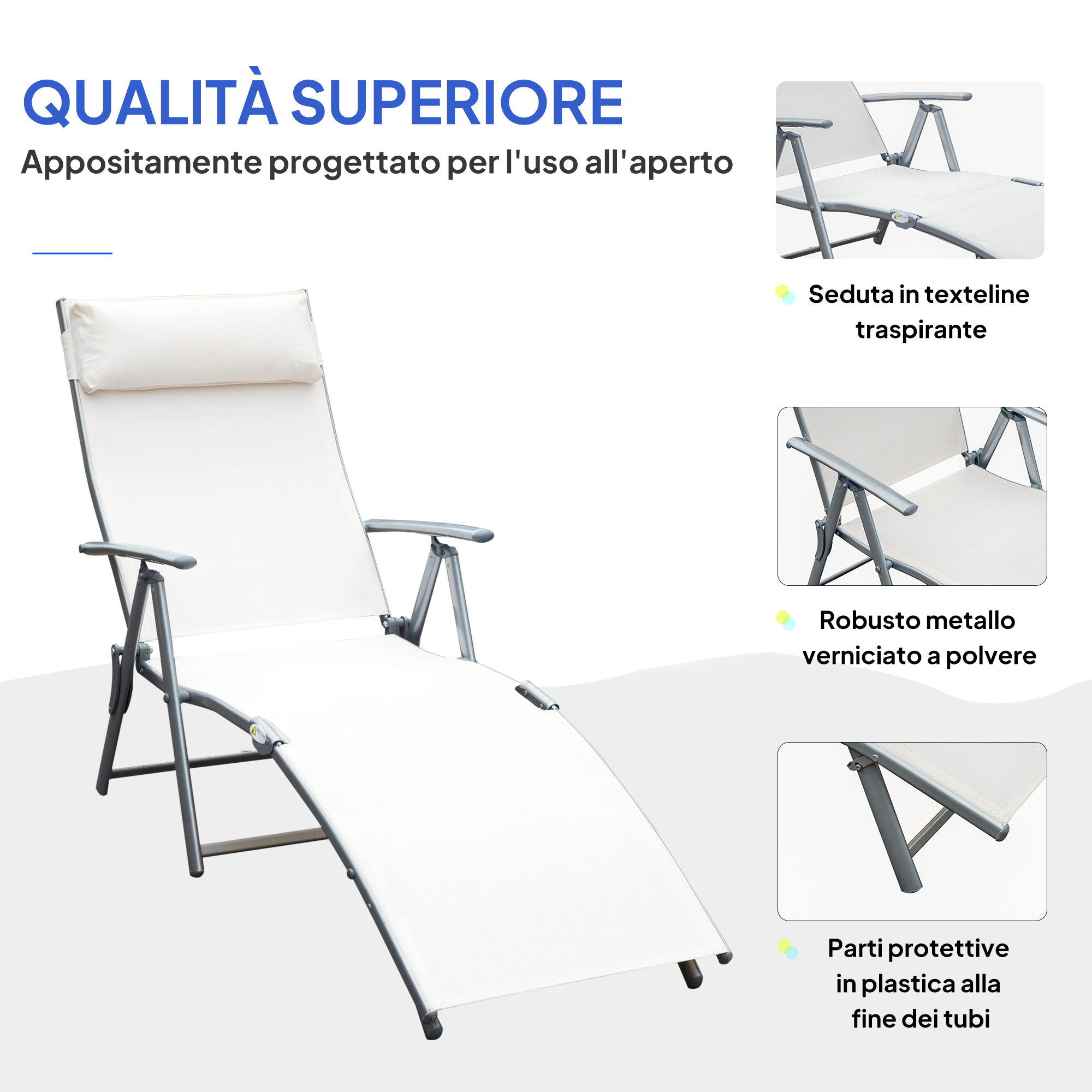 Una sedia a sdraio bianca in textilene con telaio in metallo, per esterni.