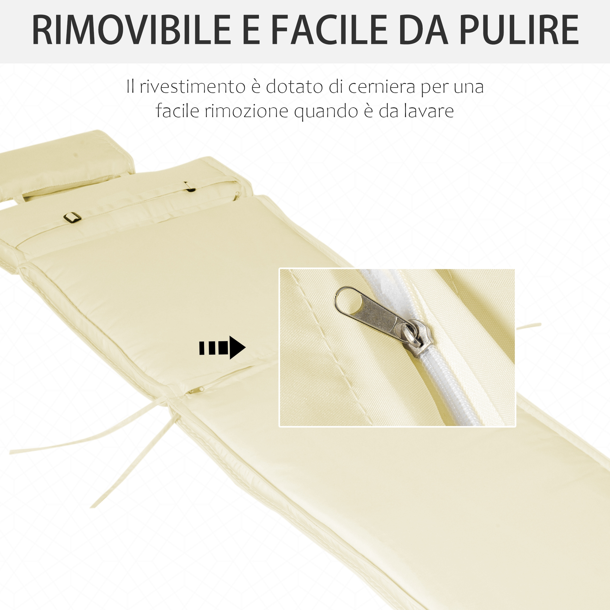 Cuscino beige con cerniera, rimovibile e lavabile. Dettaglio cerniera.