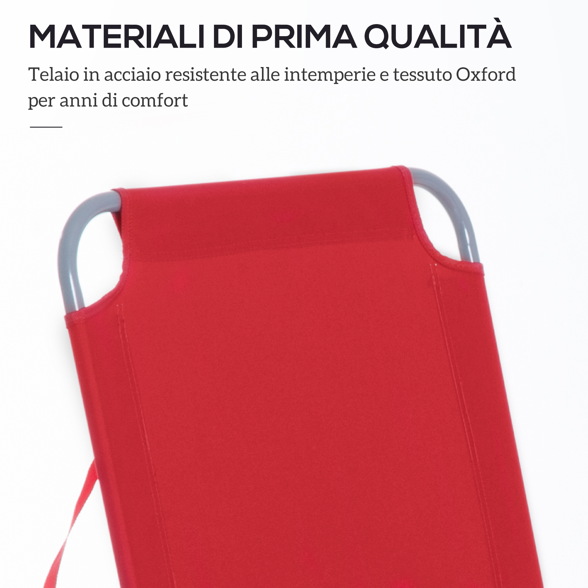 Tessuto rosso con telaio in metallo grigio, primo piano di una sedia.