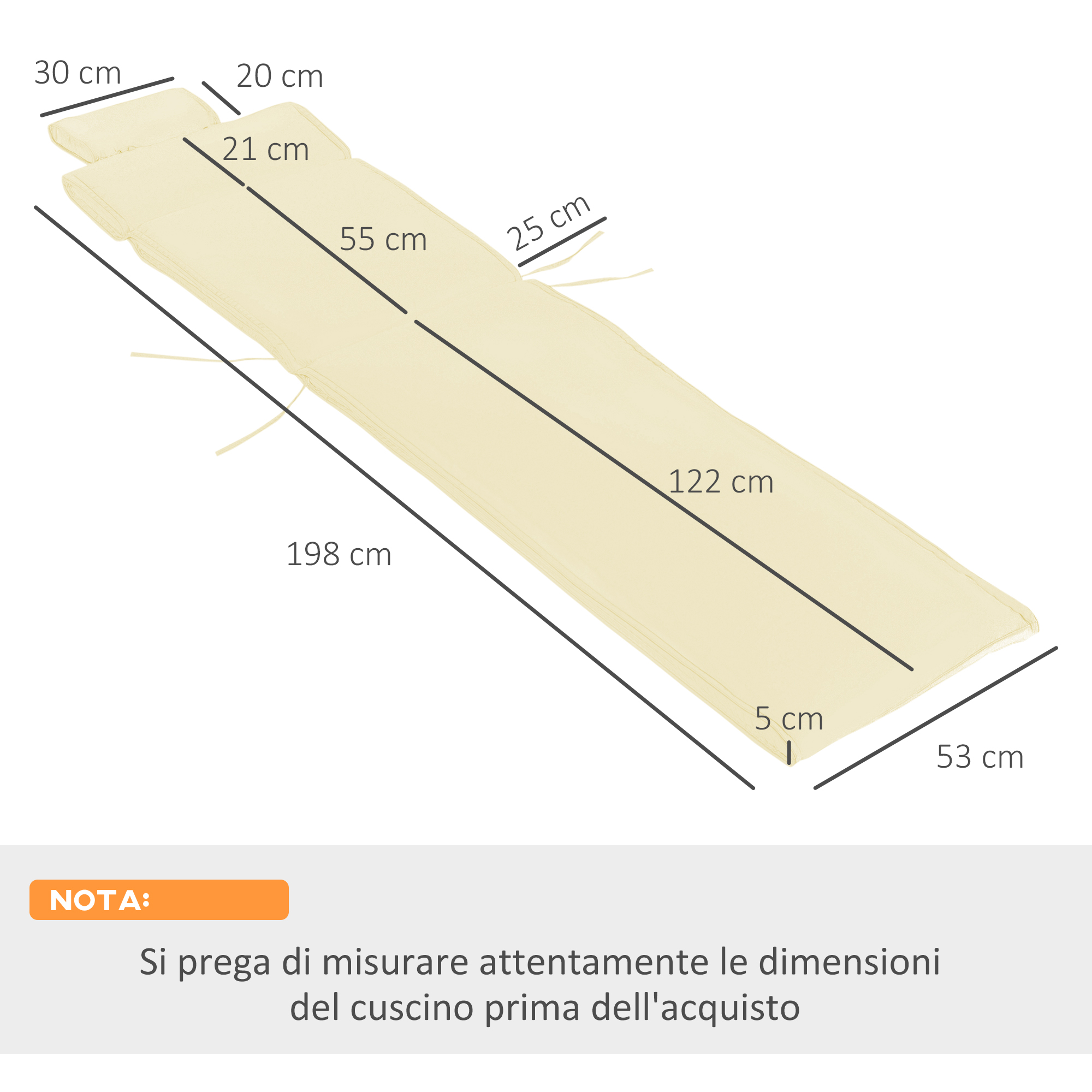 Un cuscino per lettino da esterno giallo chiaro con dimensioni: 198x53 cm, 122x55 cm, 30x20 cm.