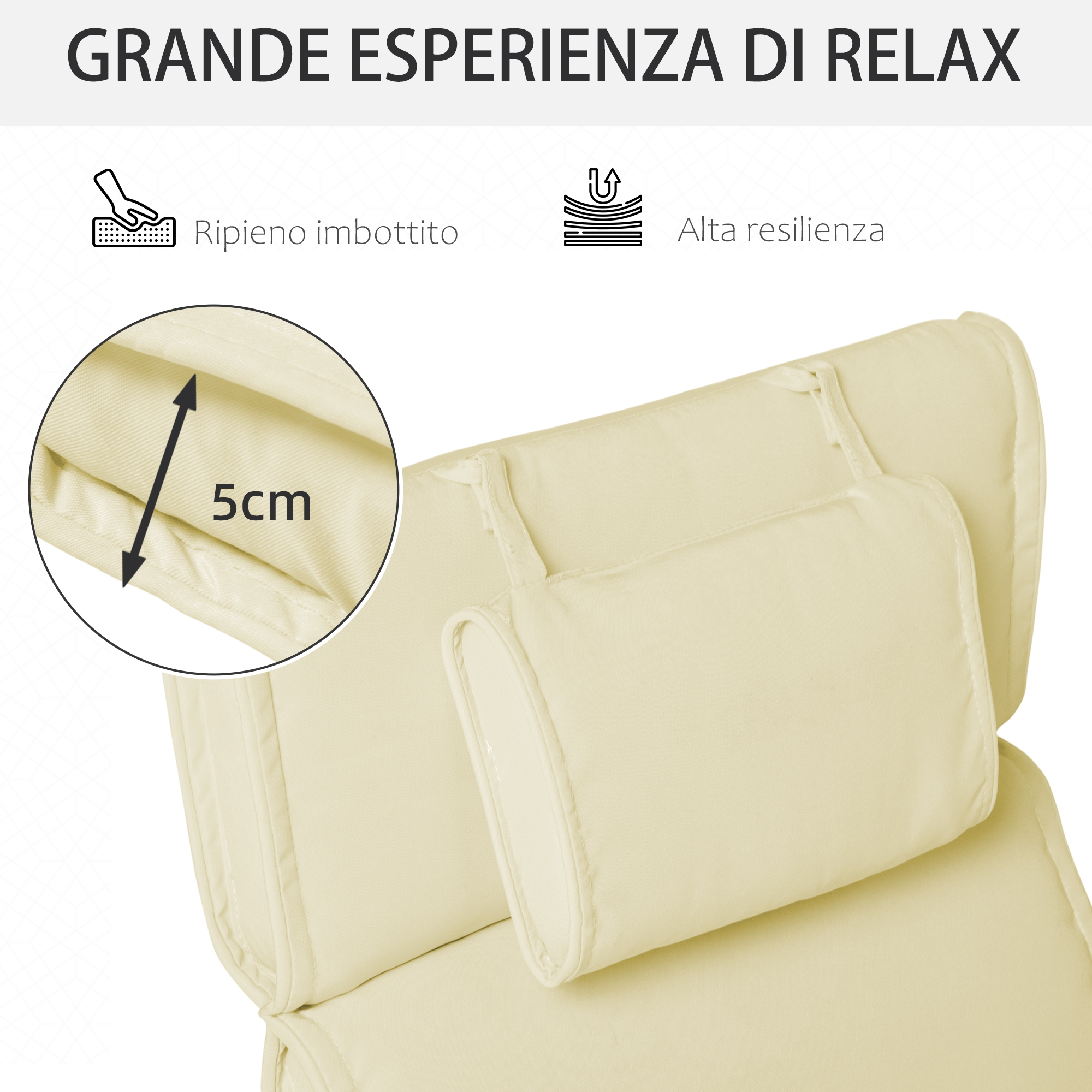 Sedia beige imbottita spessa 5 cm, alta resilienza e riempimento ammortizzato.