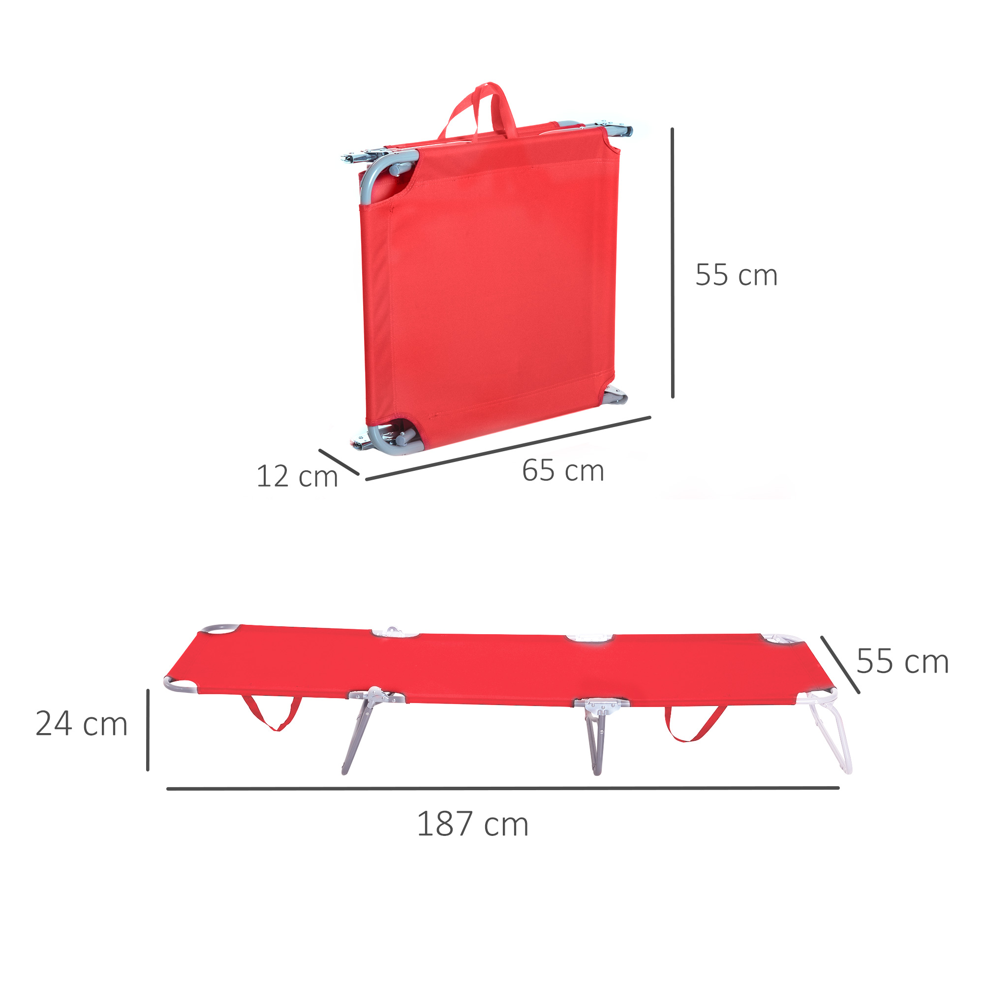 Lettino rosso mostrato piegato e aperto con dimensioni.
