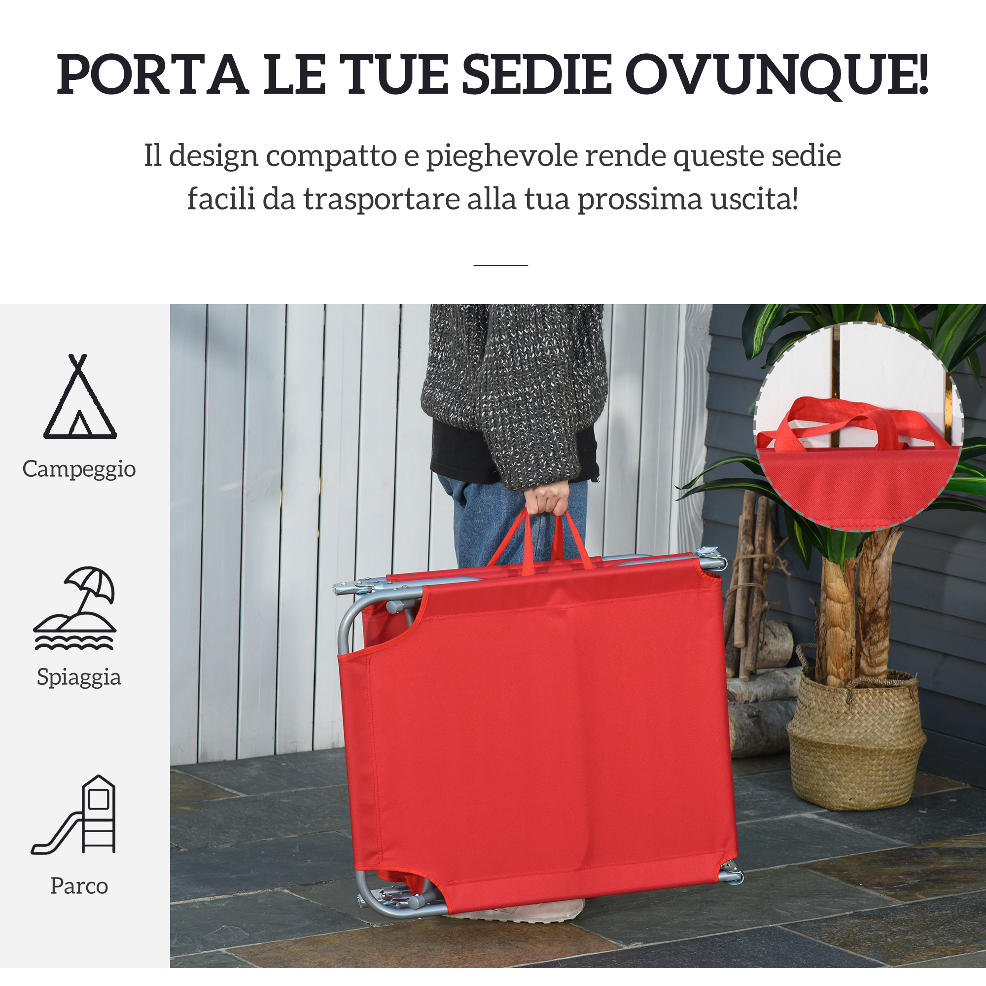 Una persona porta una sedia rossa pieghevole con manici.