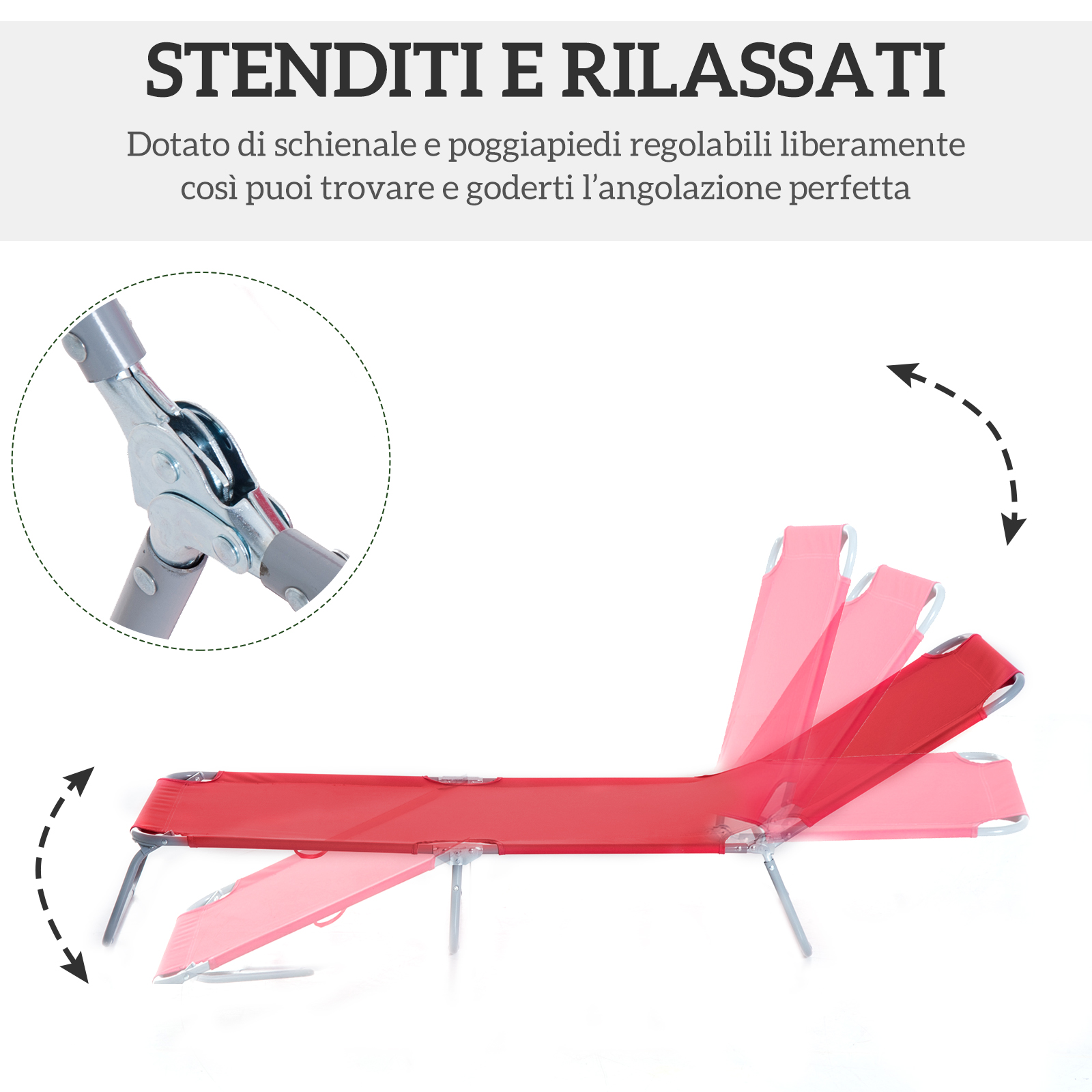 Sdraio rossa con schienale e poggiapiedi regolabili. Dettaglio del meccanismo snodato.