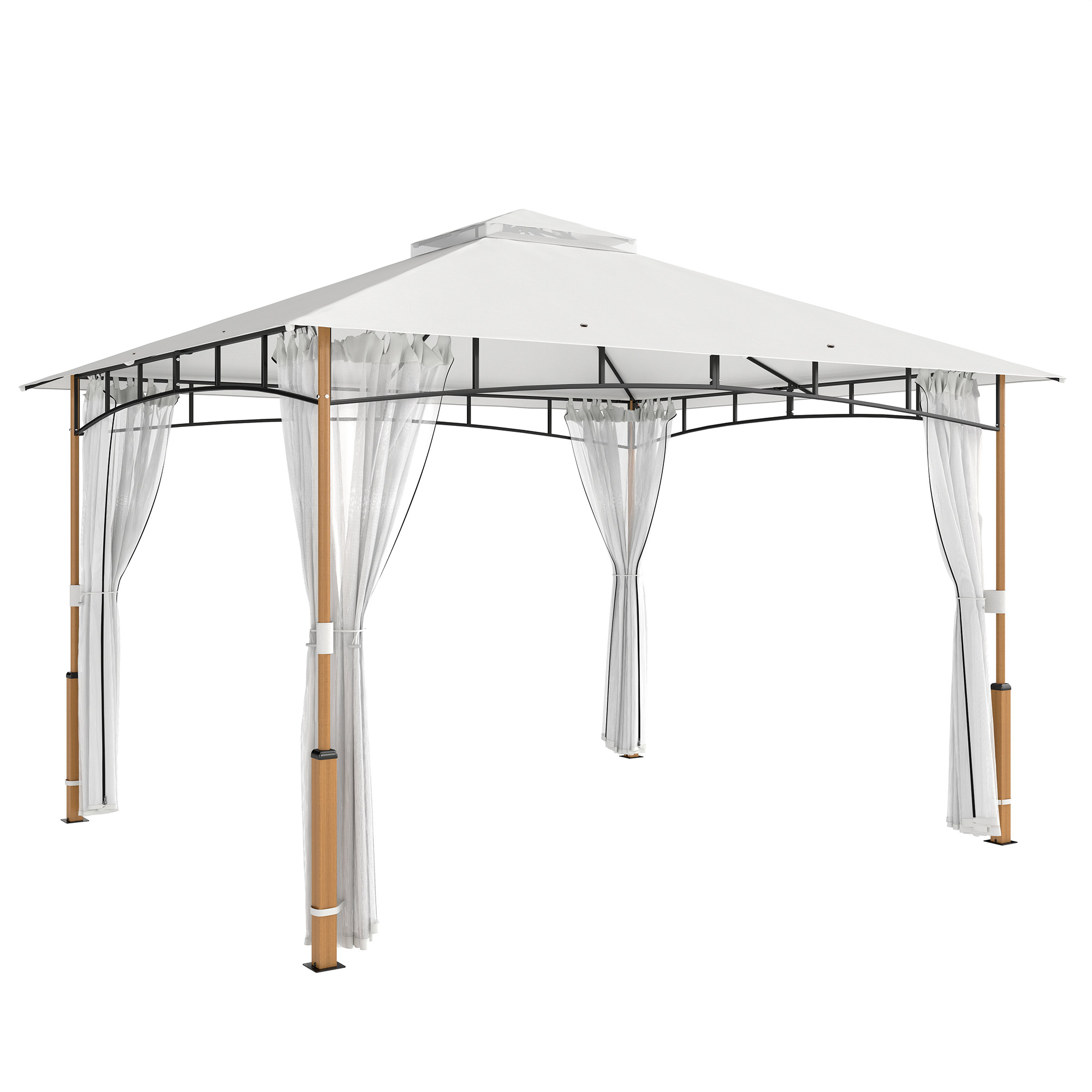 Un gazebo bianco con telaio in metallo nero e pali in legno.