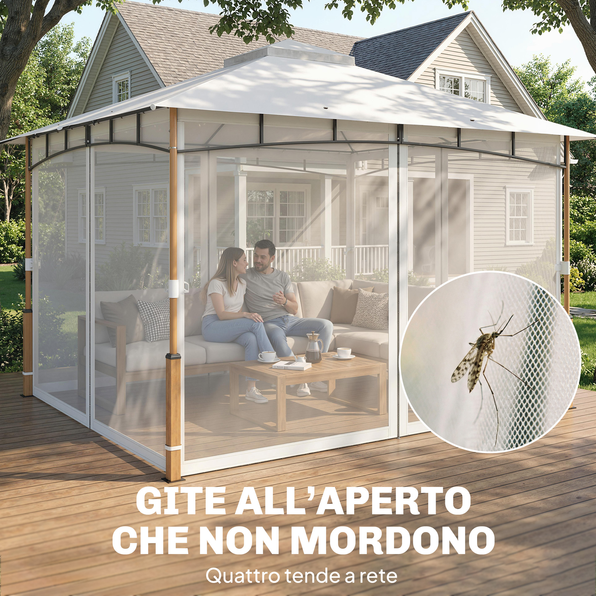 Una coppia seduta in un gazebo, zanzara sulla rete.