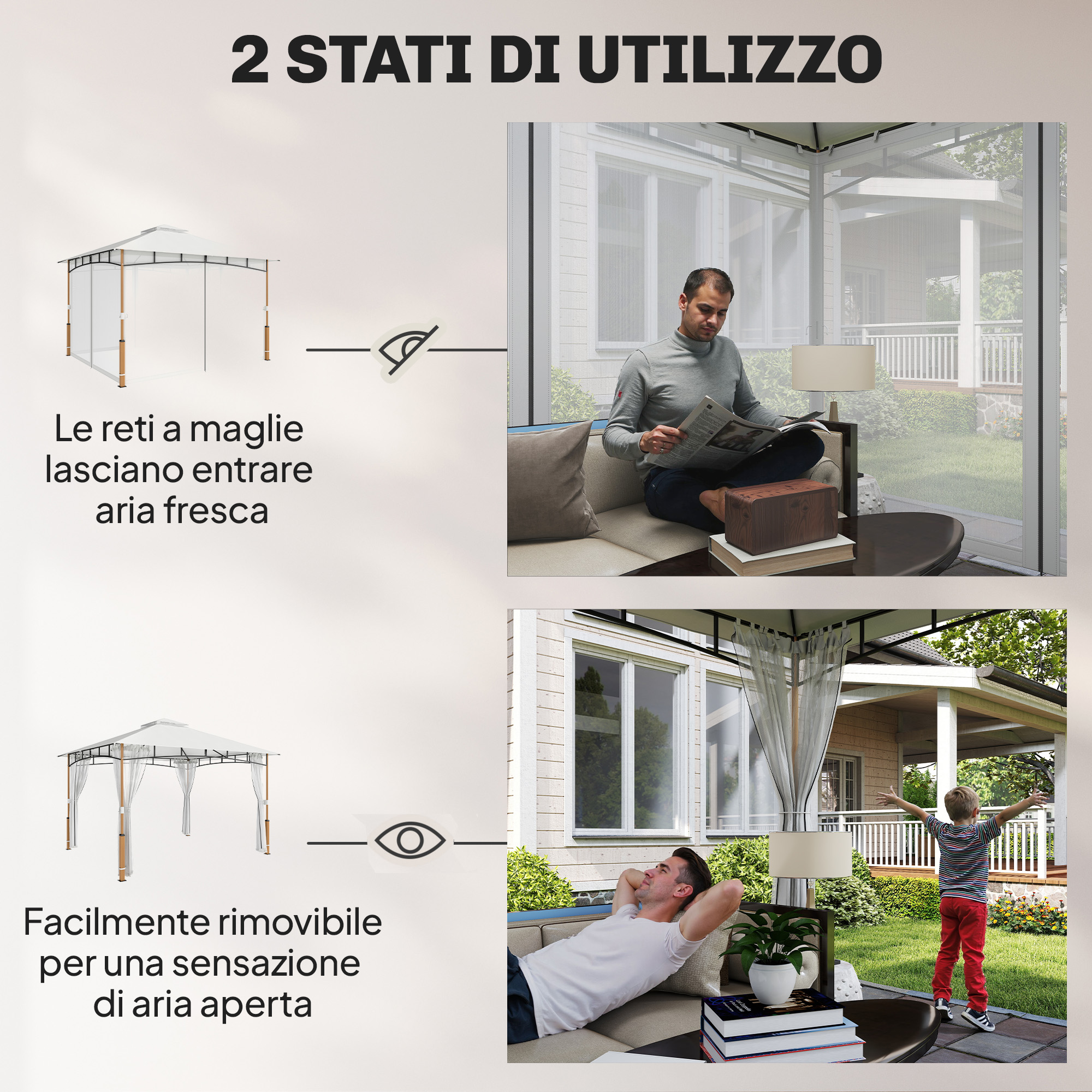 Un uomo legge il giornale nel gazebo, un bambino è fuori.