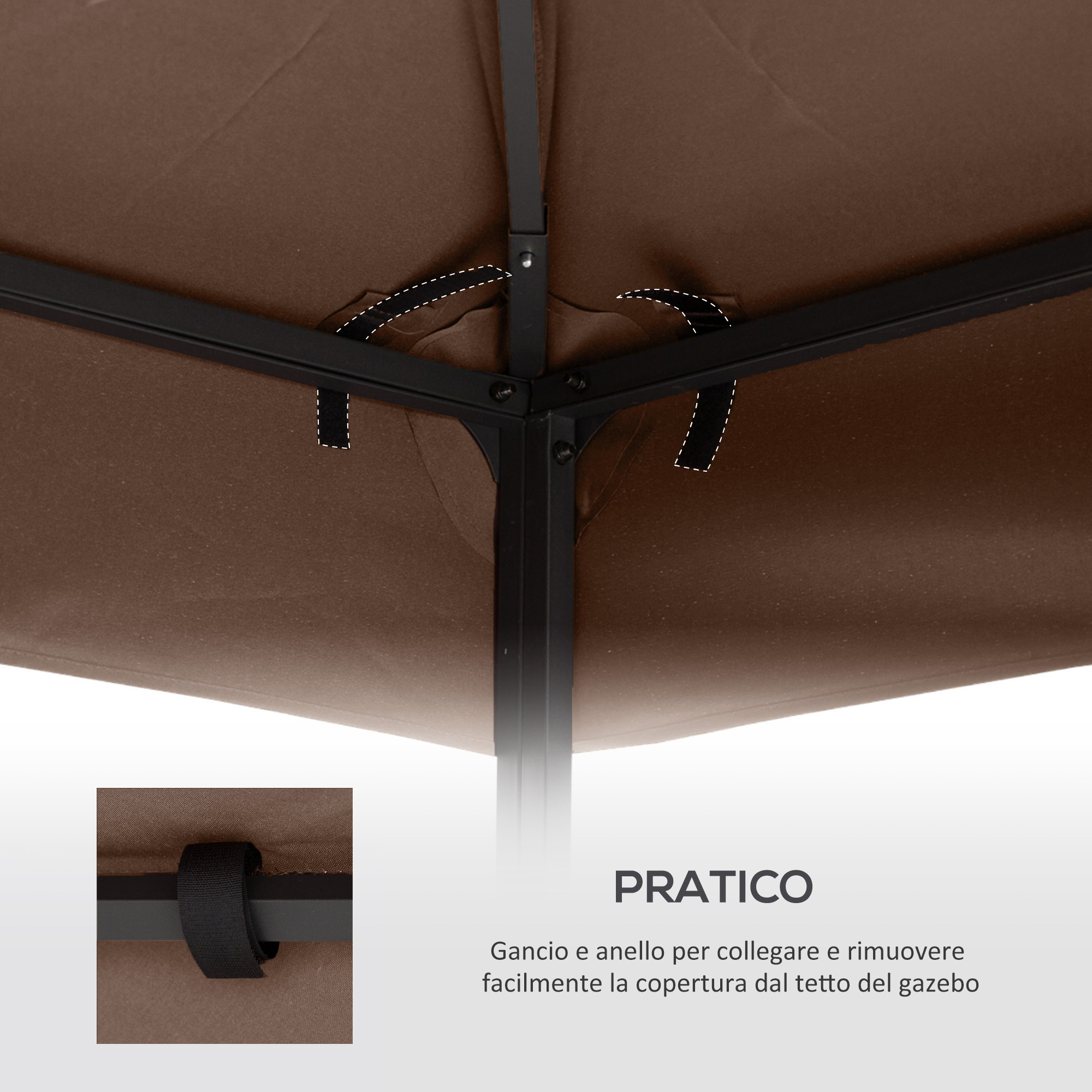 Tenda marrone per gazebo con telaio in metallo nero e cinghia di fissaggio.