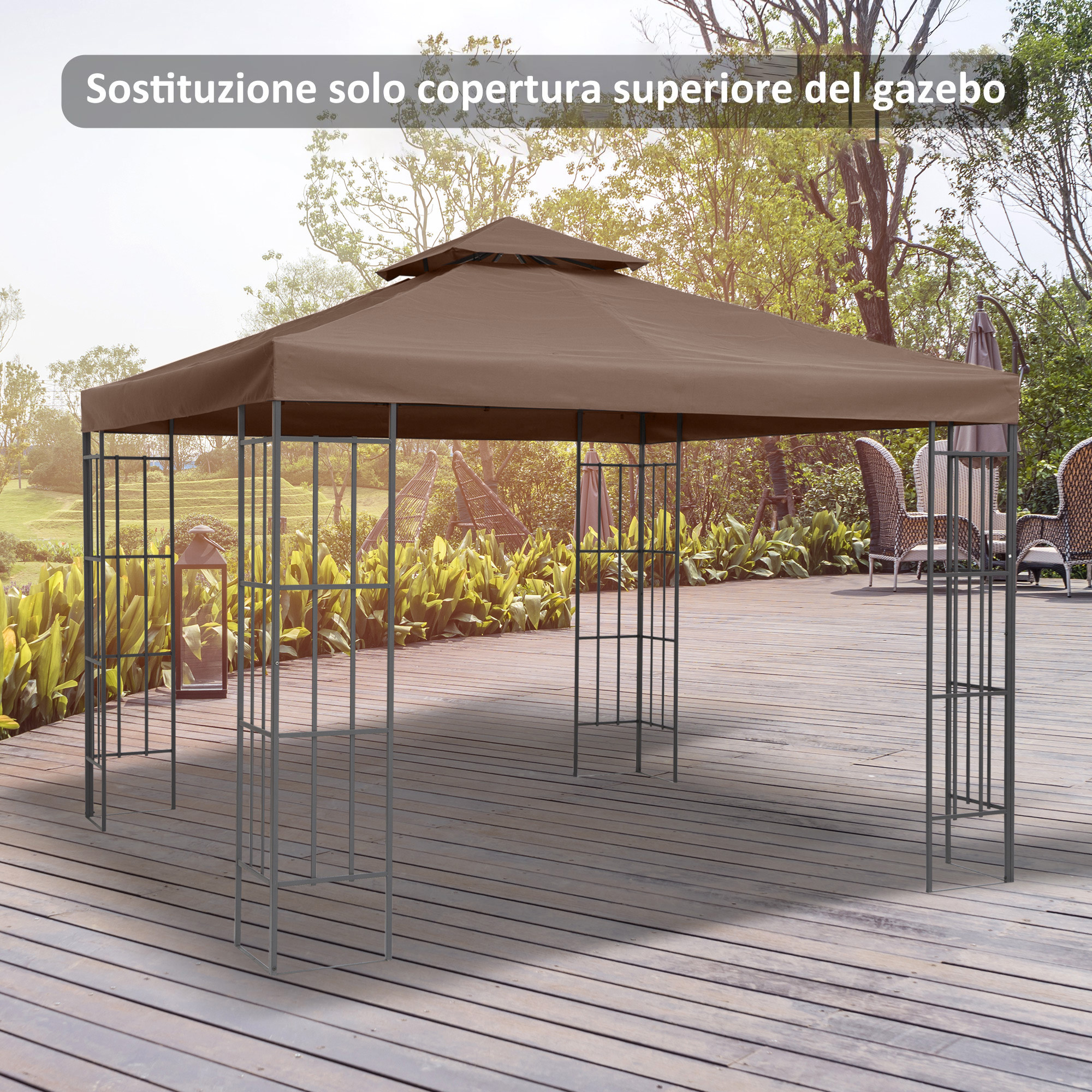 Un gazebo marrone con struttura in metallo si erge su un ponte di legno all'aperto.