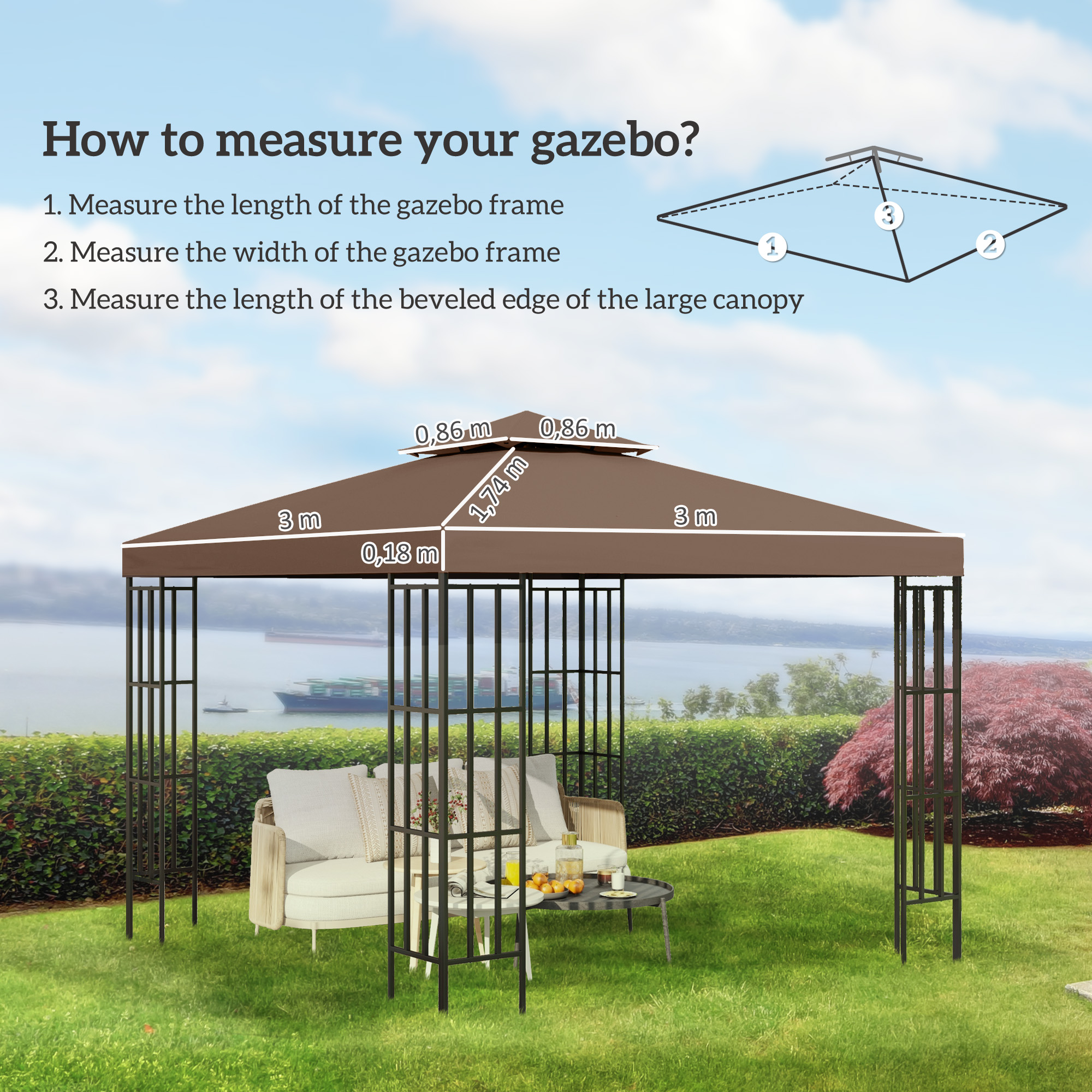 Una tenda da giardino marrone con misurazioni è allestita all'aperto. Ci sono posti a sedere.
