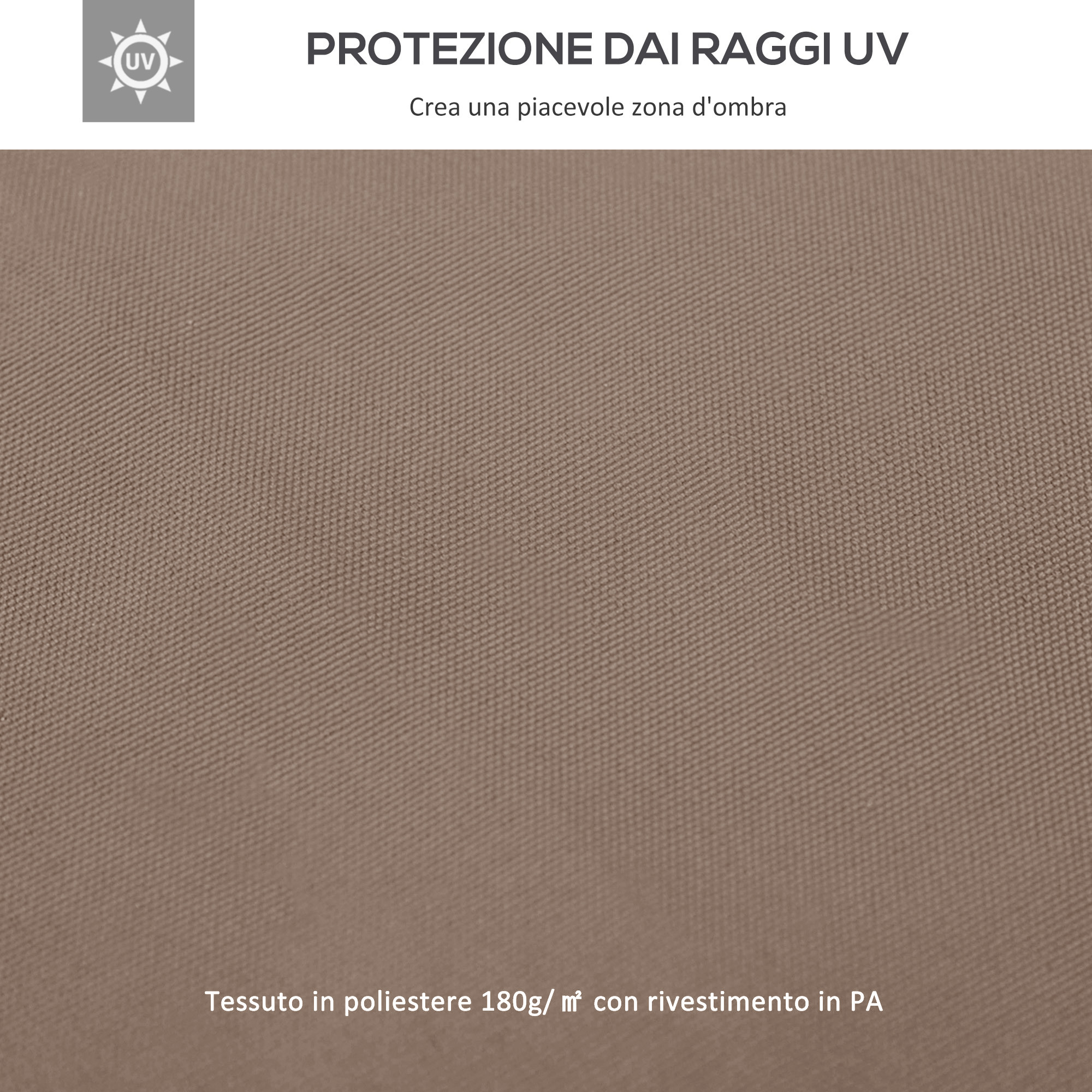 Tessuto marrone con simbolo protezione UV. Testo: Tessuto poliestere 180g/㎡ con rivestimento PA.