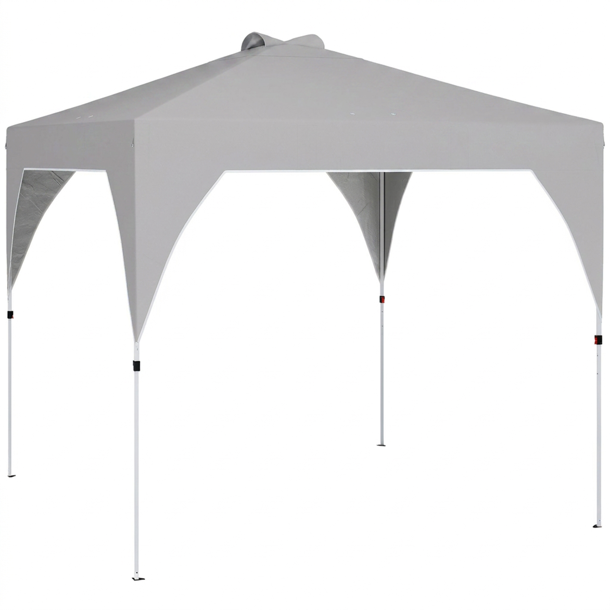 Una tenda grigia con pali bianchi si erge su sfondo bianco.