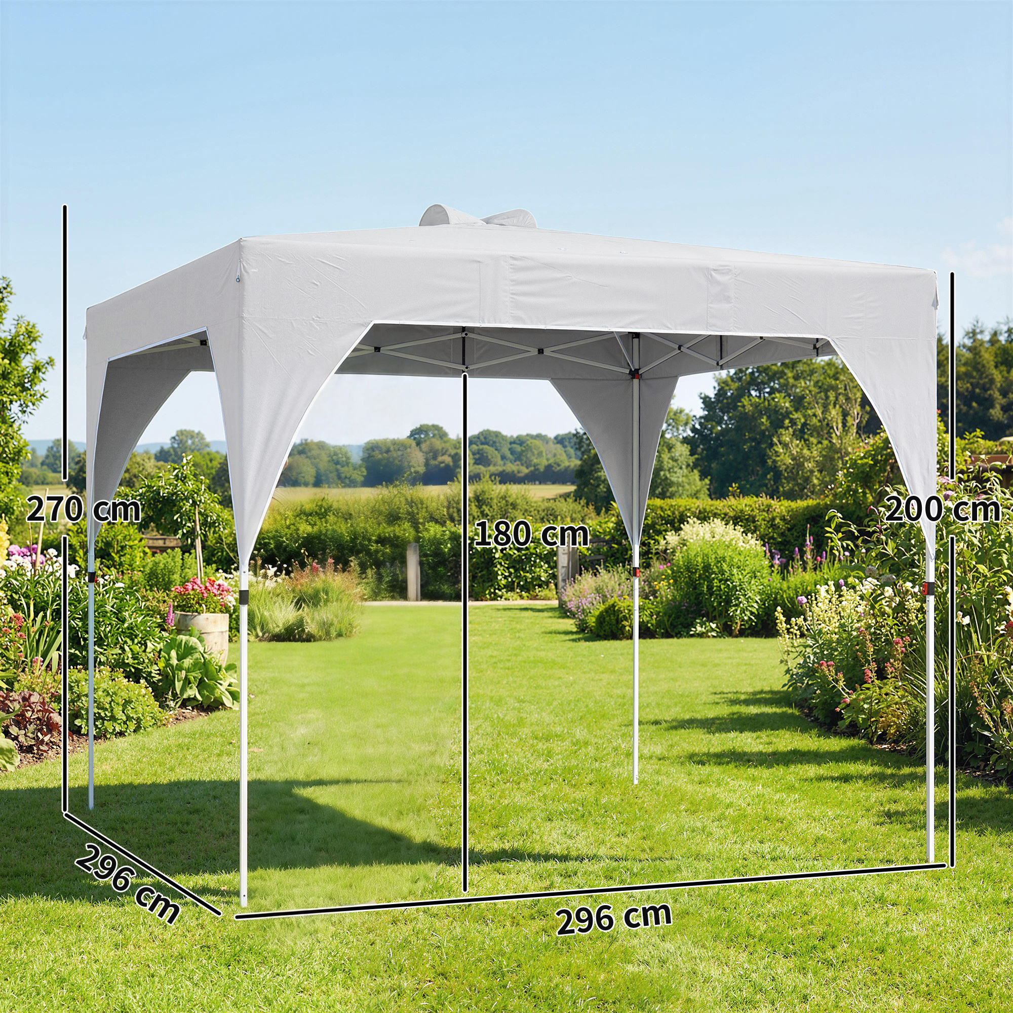 Una gazebo grigia di 296x296x270cm si trova in un giardino.