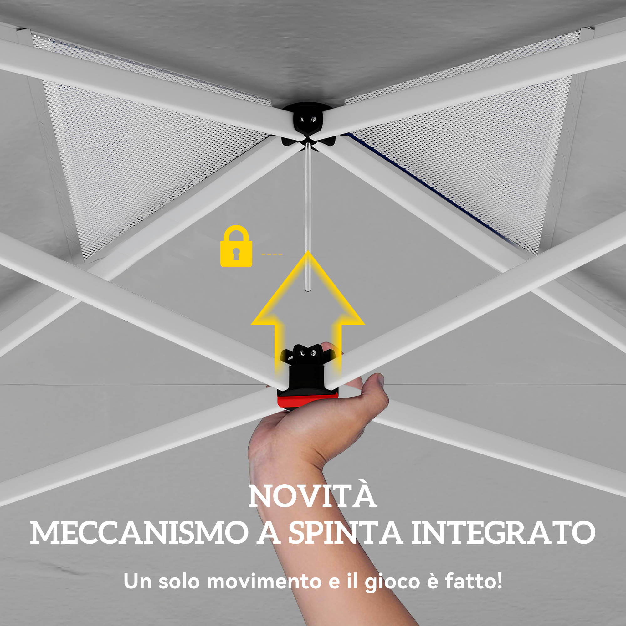 Mano che aziona un meccanismo di blocco su una tettoia bianca con icona lucchetto giallo.