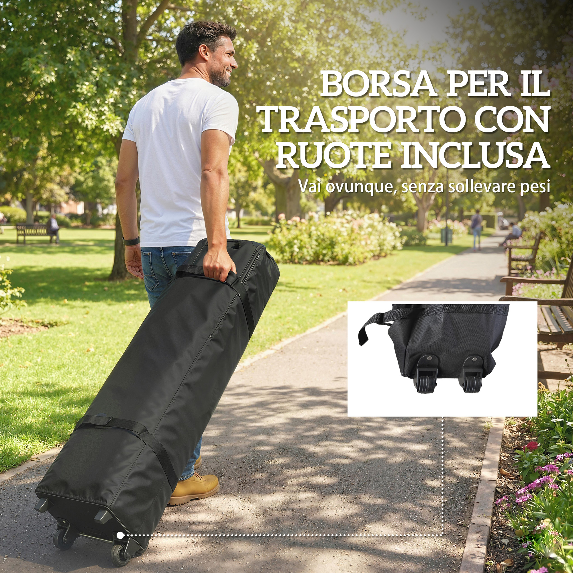Uomo trascina grande borsa nera con ruote in un parco.
