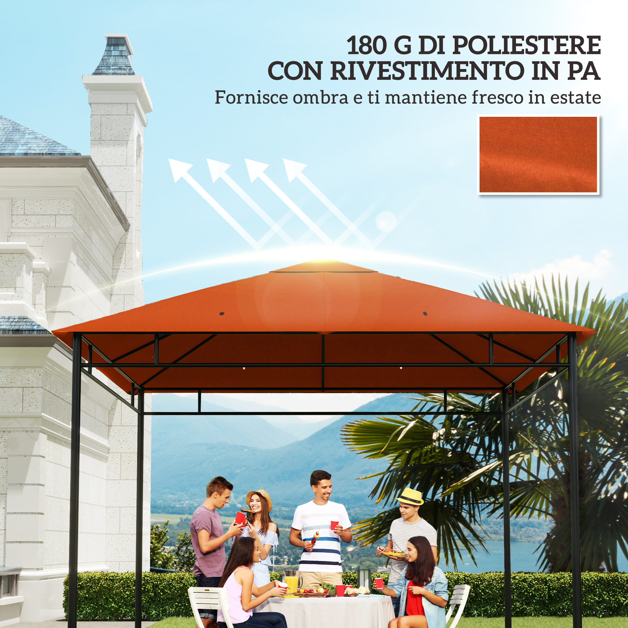 Persone fanno un picnic sotto un gazebo arancione con montagne e lago sullo sfondo.