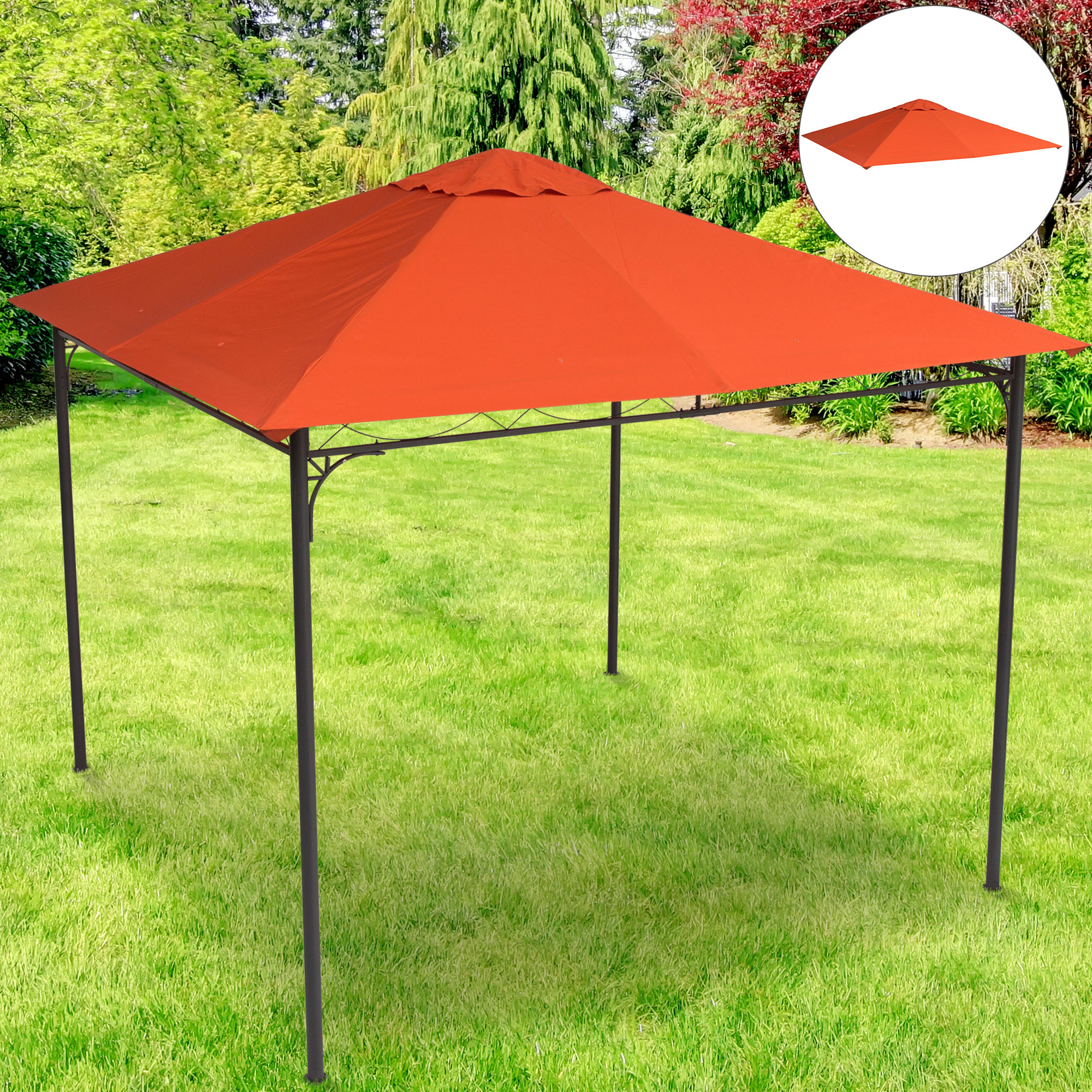 Un gazebo con tettoia arancione e pali scuri su un prato verde.