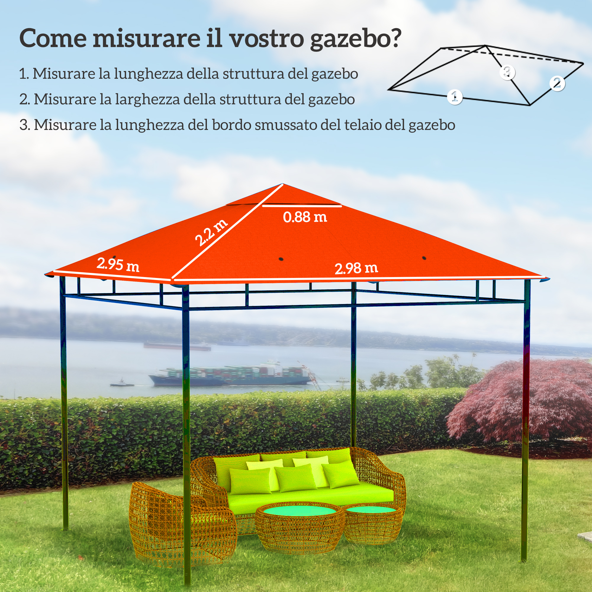 Un tetto per gazebo arancione con dimensioni, vicino a un salotto.
