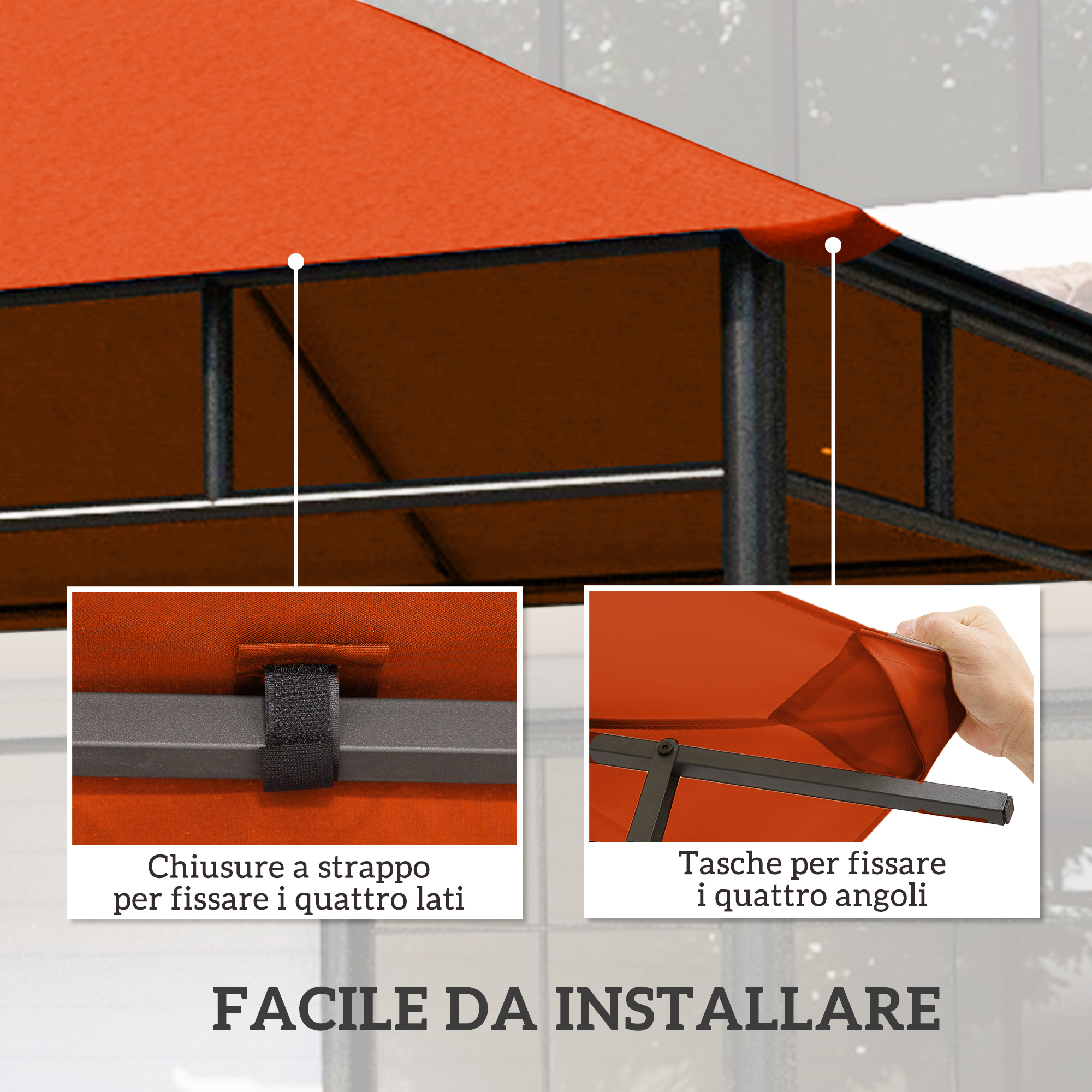 Tenda da sole arancione con dettagli di fissaggio e testo.