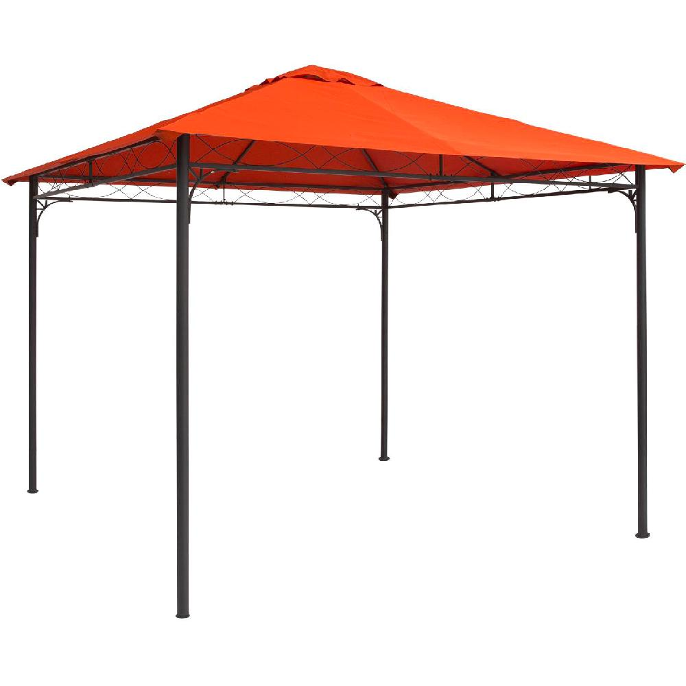 Un gazebo arancione con telaio in metallo scuro e quattro gambe.