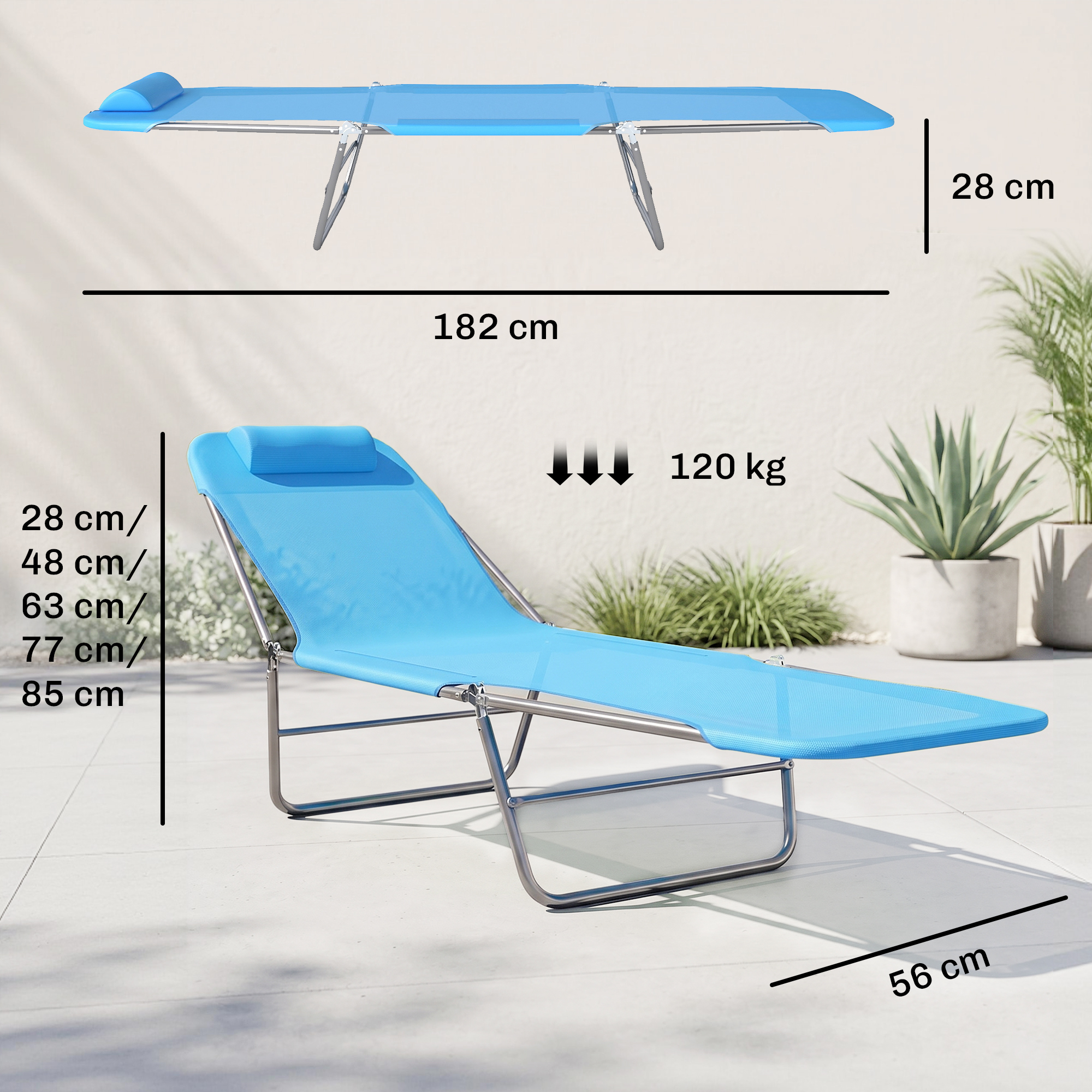 Lettino blu con telaio in metallo, 182cm L, 28cm A, 56cm L, capacità 120kg.