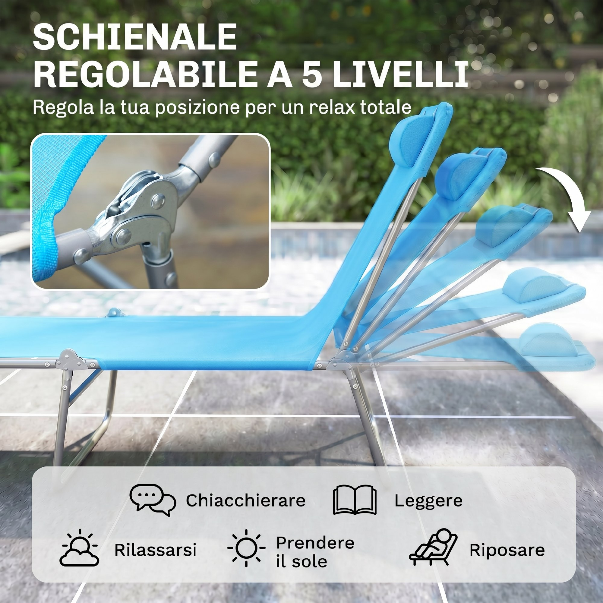 Sdraio blu con schienale regolabile a 5 livelli, per relax e attività.