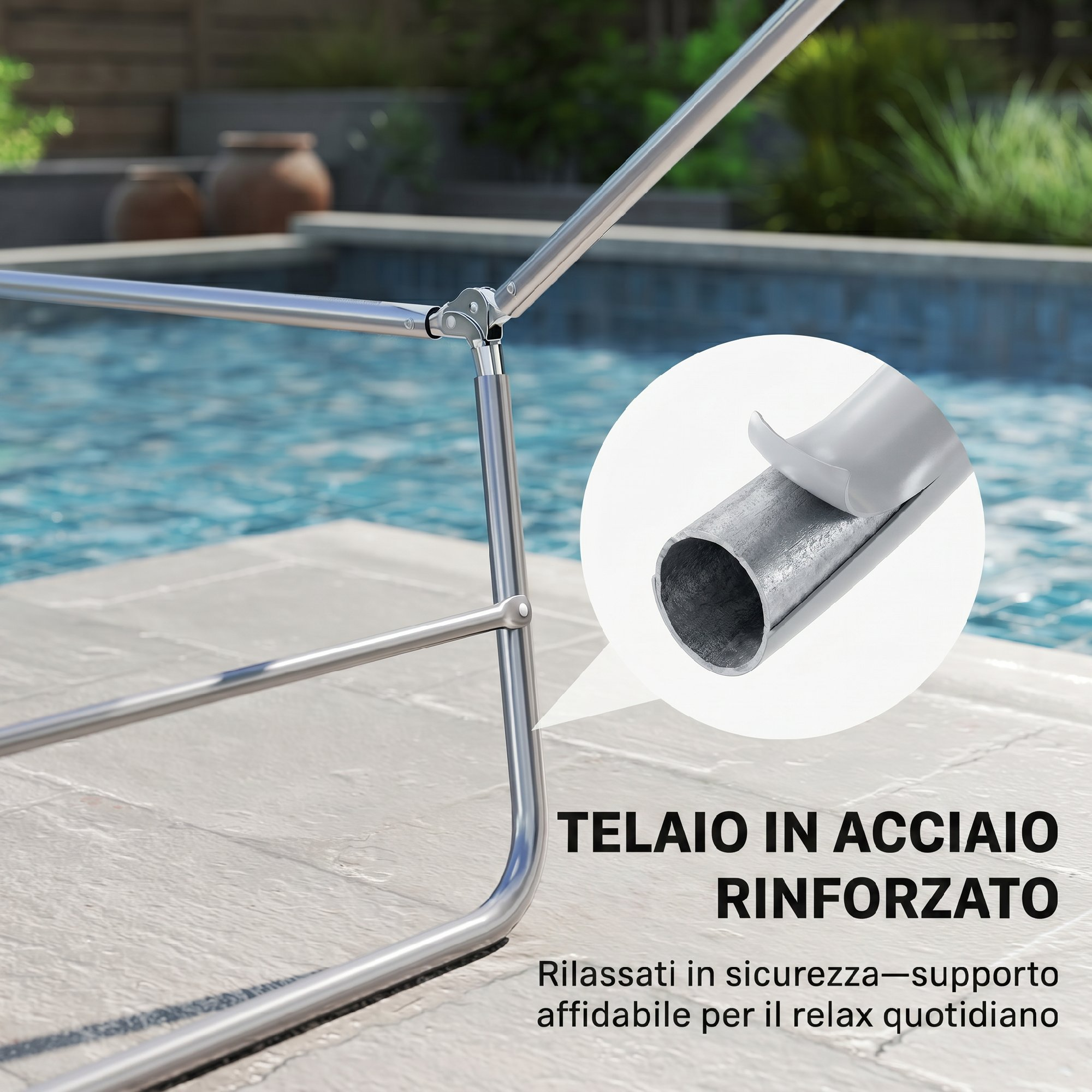 Telaio in acciaio rinforzato accanto a una piscina, con primo piano di un tubo.