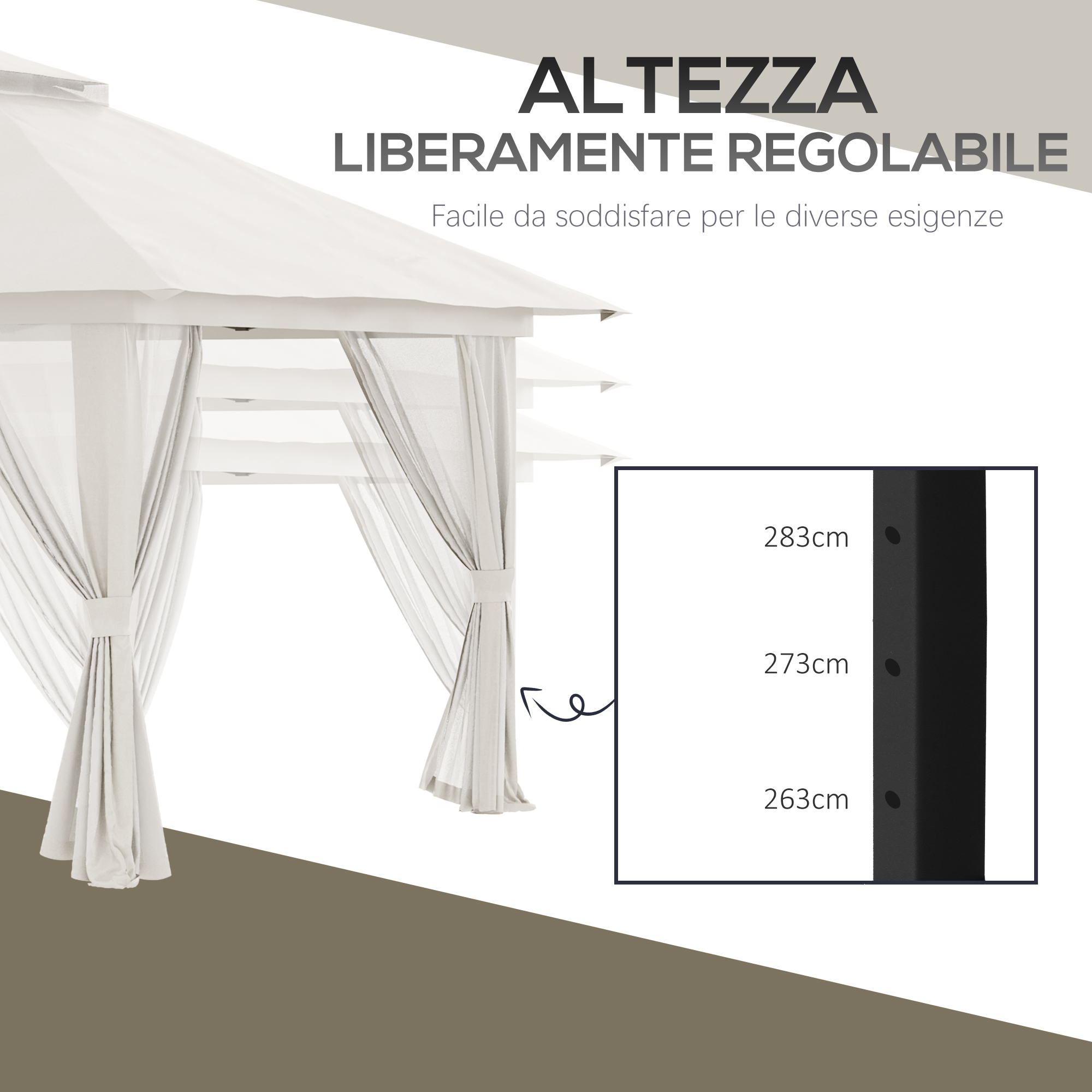 Un gazebo bianco con tende è mostrato con un diagramma che illustra la sua altezza regolabile da 263 cm a 283 cm.