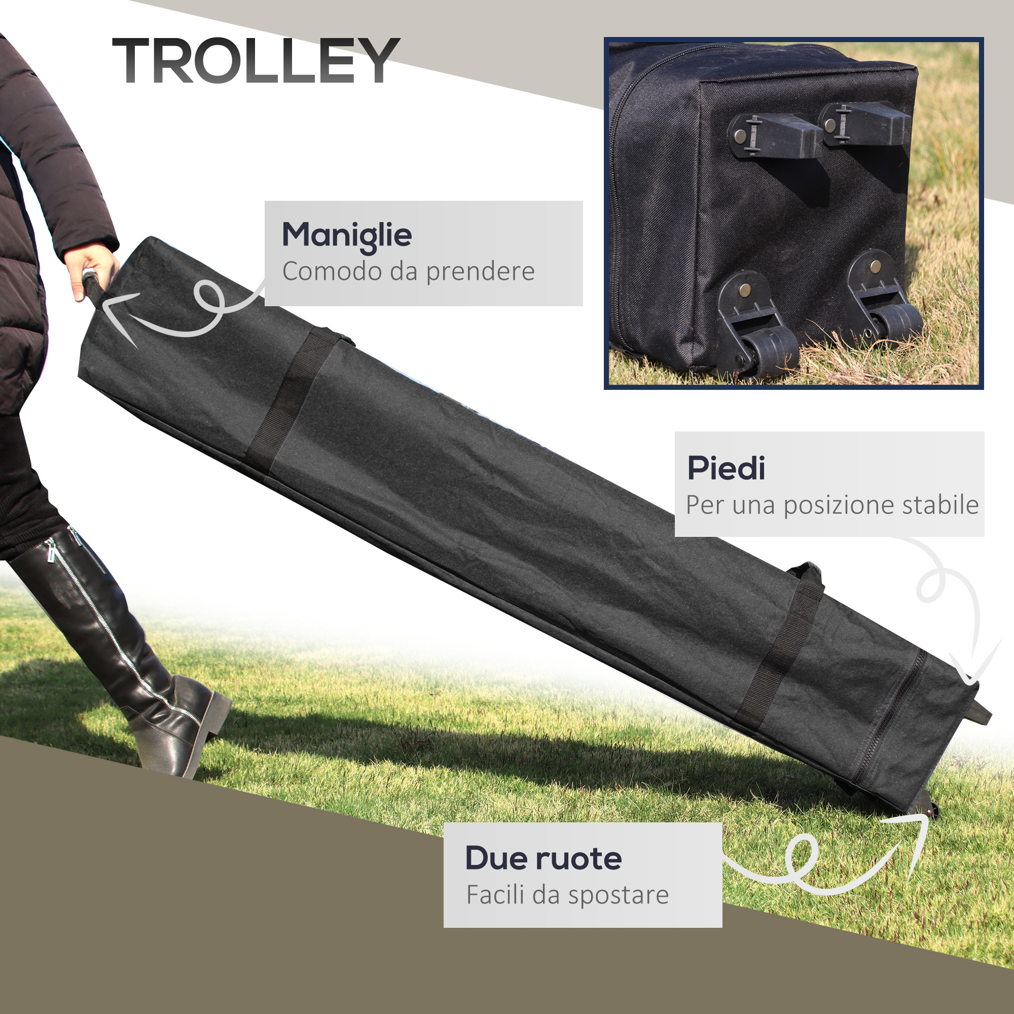 Borsa trolley nera con manici e ruote, su erba.