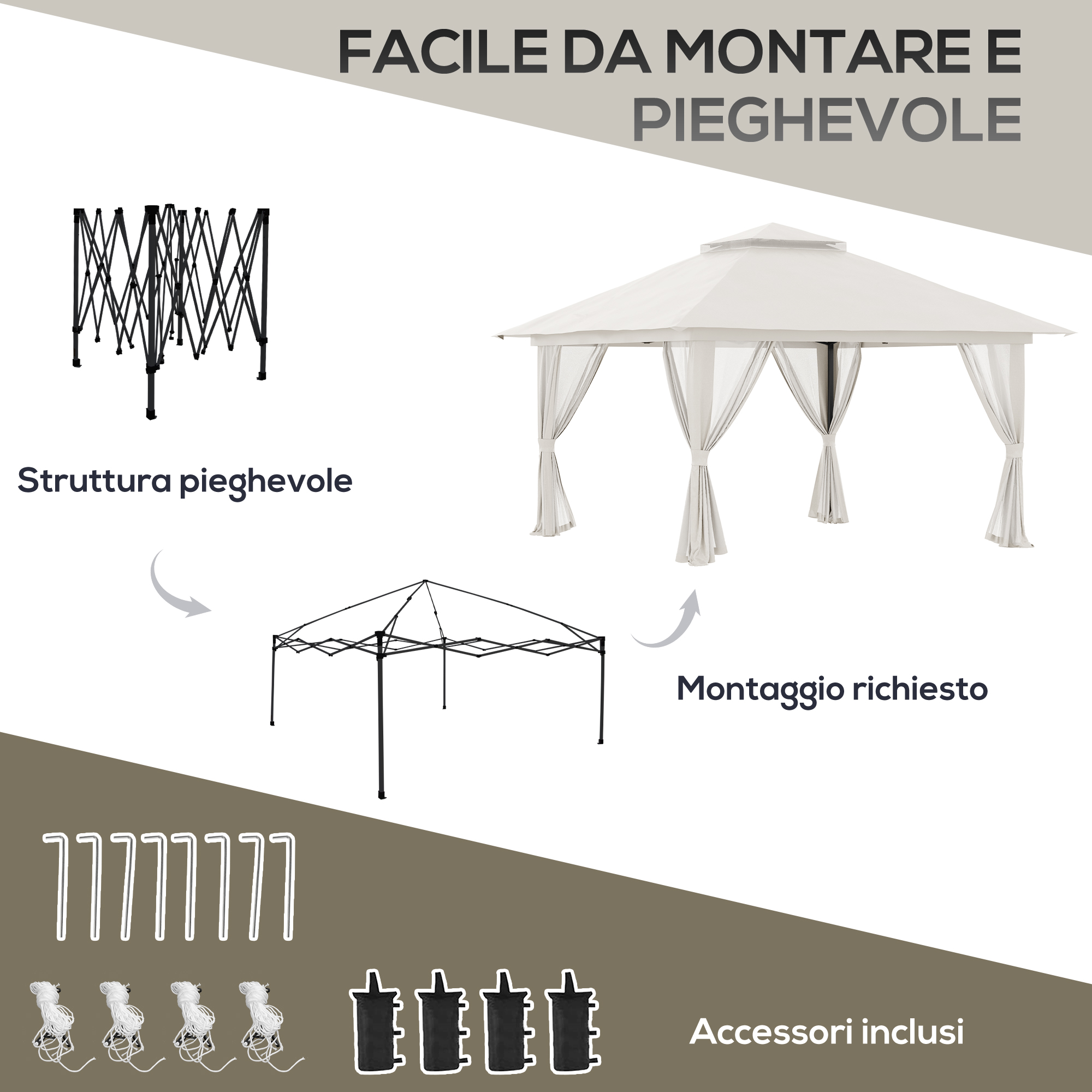 Una tenda bianca con struttura pieghevole e accessori.